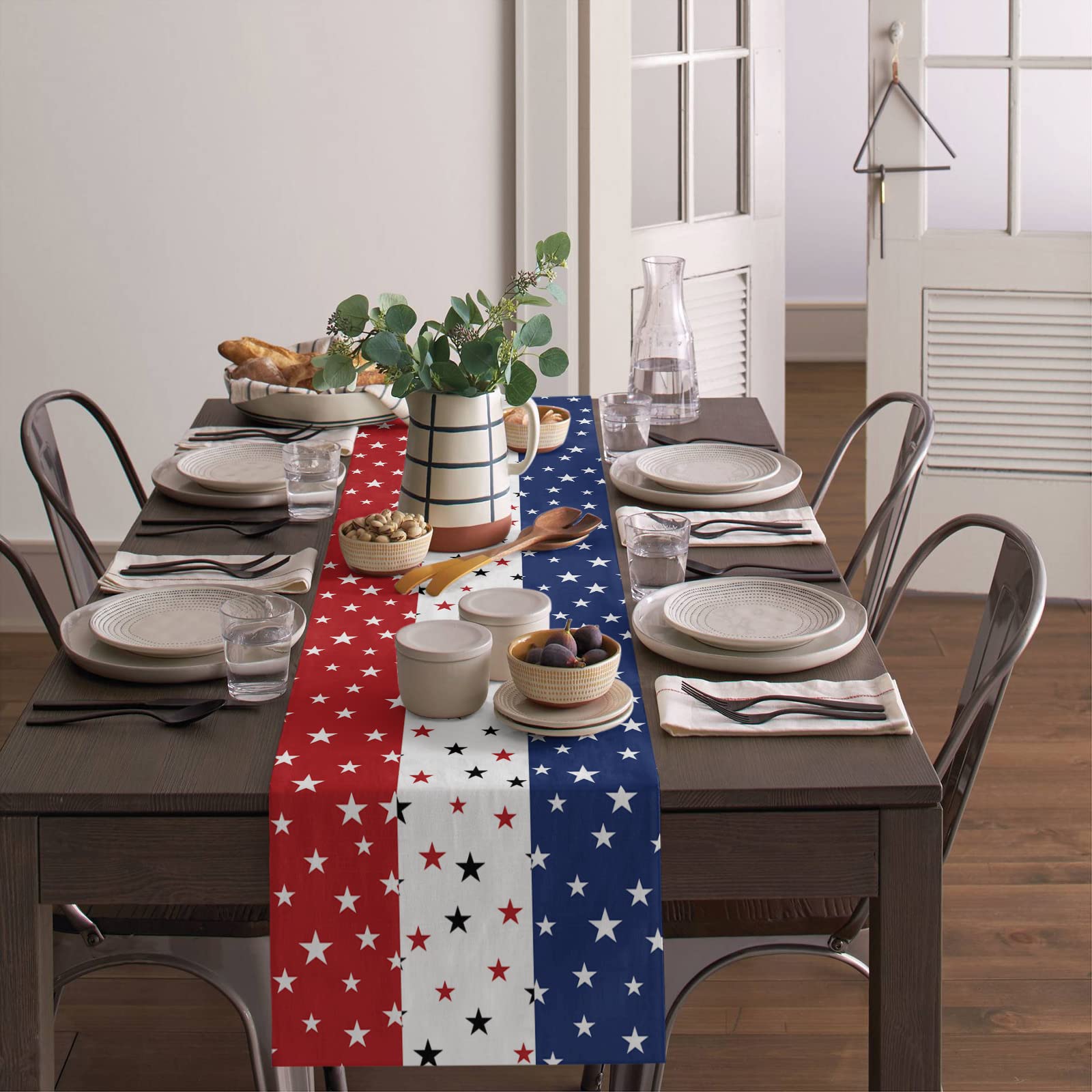 July 4th Table Runner, Patriotic Star Flag, Blue, Independence Day Decoration, Home Kitchen Dinner Table Decor