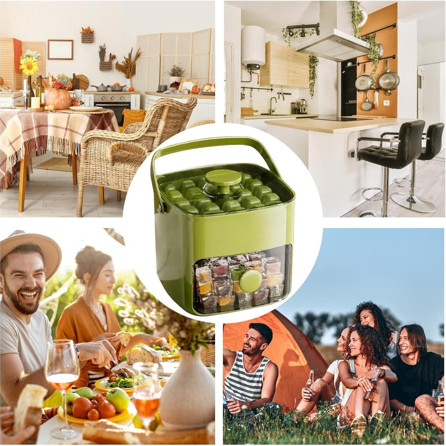 Compact Ice Tray with Lid and Trash Bin, Mini Press Ice Maker, Space-Saving Small Ice Bucket with Clip, Ideal for RV, Office, Mini Fridge, Water Bottle