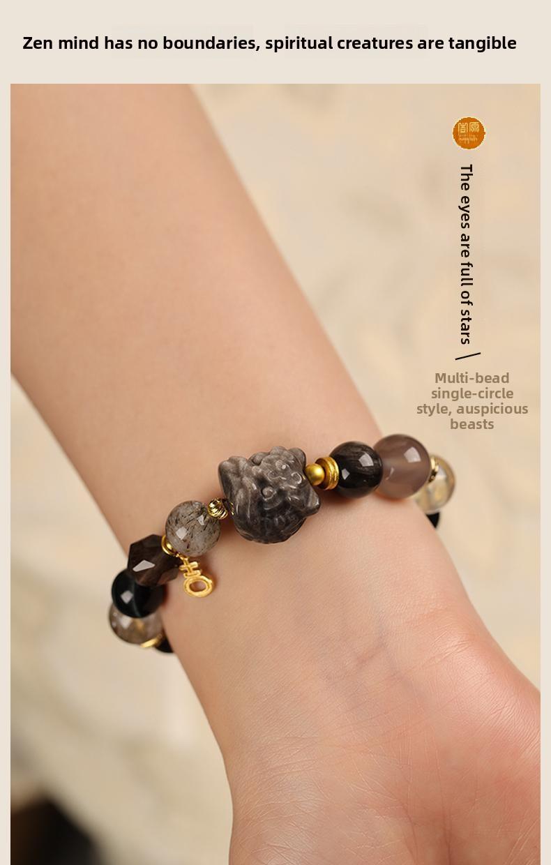[Wealth Abundance] crystal bracelet, silver obsidian grey agate smoky quartz super seven tiger eye white crystal, unisex, daily wear gift, 10mm beads, natural stone lion ornament gold accents, wealth blessing abundance symbol