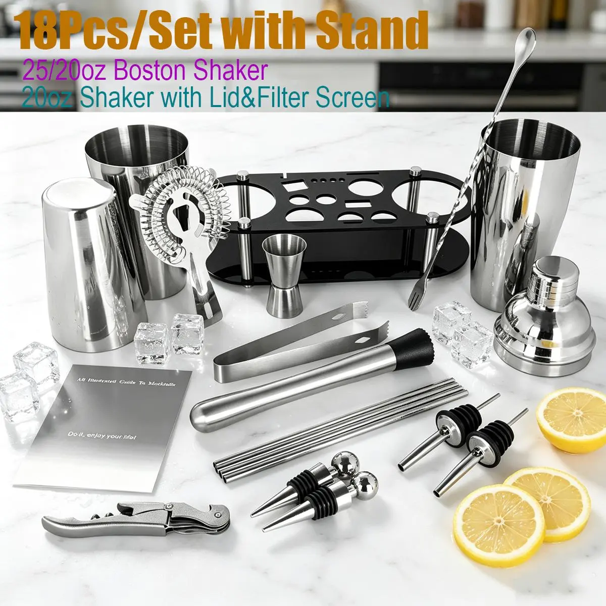 18Pcs Stainless Steel Cocktail Shaker Bartending Kit (25oz/20oz) with Black Stand, Cocktail Recipe, Strainer, Serving Spoon & Bar Utensils – Ideal for Home Happy Hour Drinks