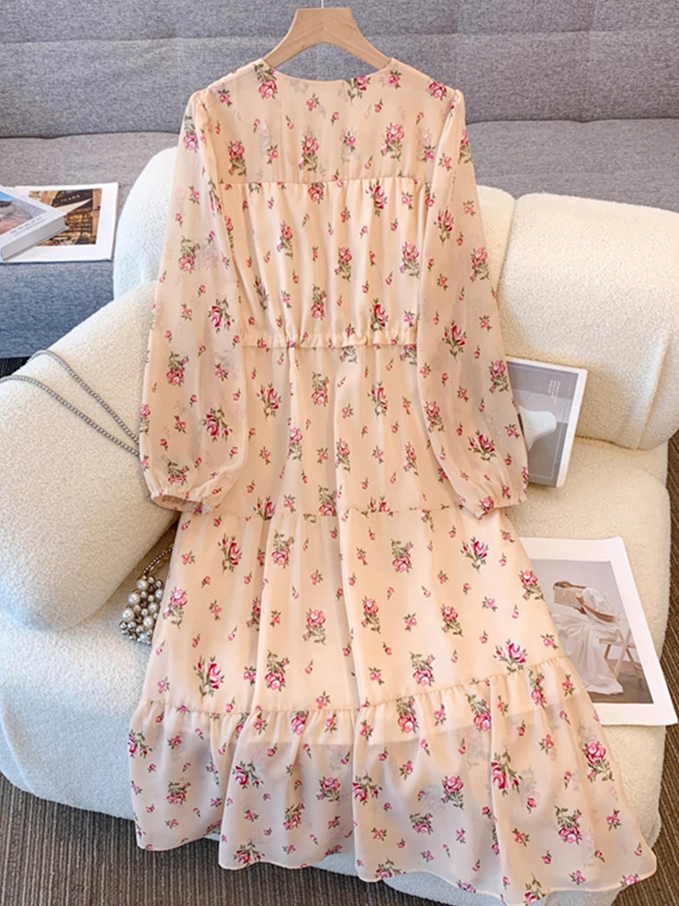 Women's Floral Print Chiffon Lightweight Maxi Dress, V Neck Long Sleeve ...