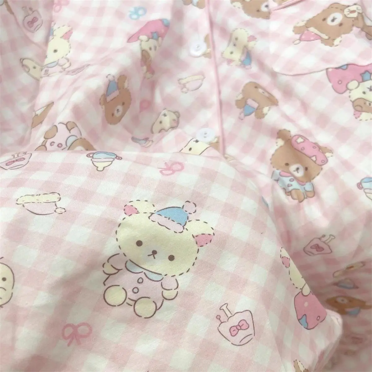 Women's Kawaii Rilakkuma 2-Piece Home Wear Set, Long Sleeve Cartoon Look Cute Pattern Spring-Autumn Pajamas with Pants for Students (Girls' Gift Option)