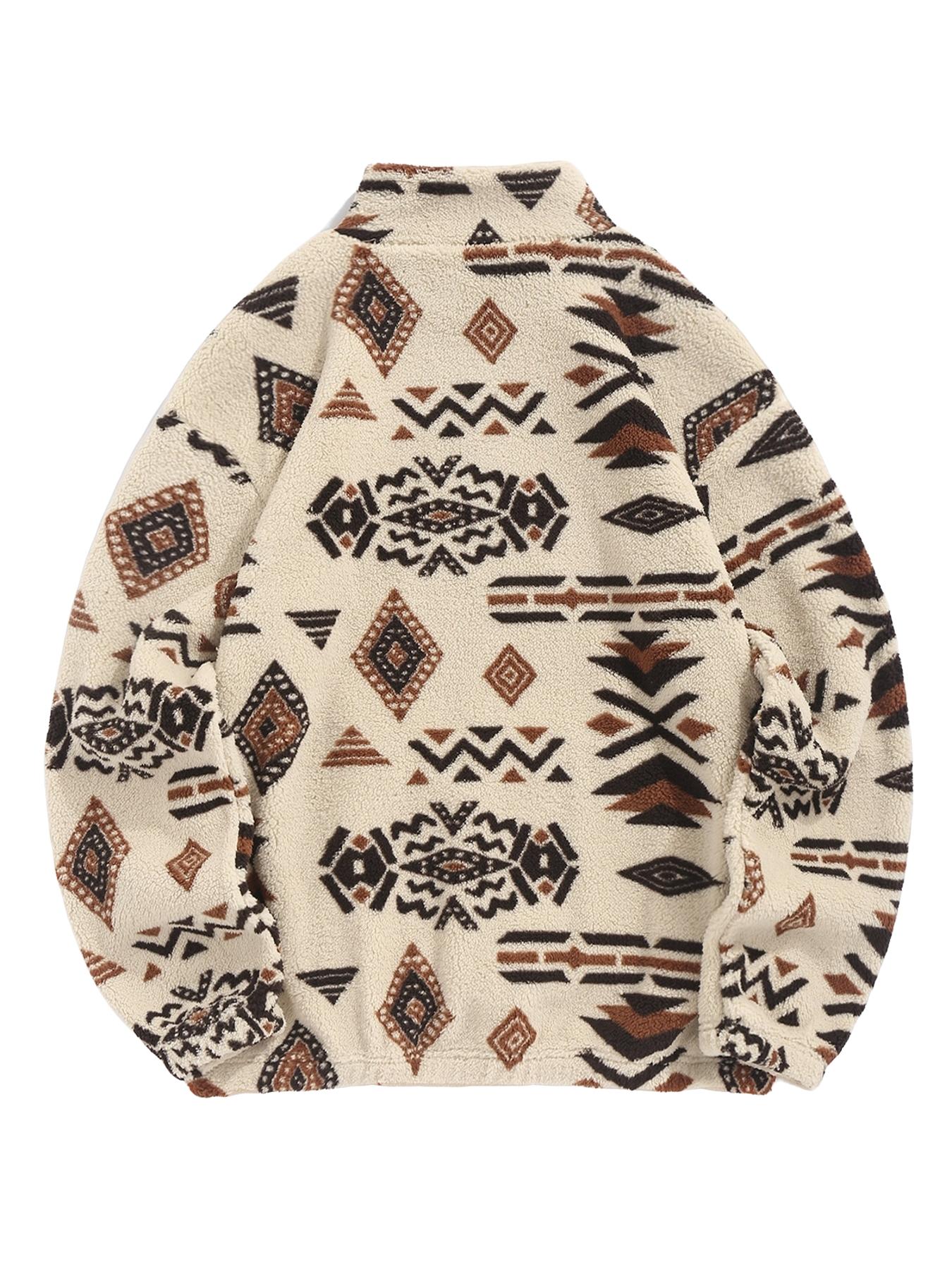 Men's Ethnic Pattern Drop Shoulder Zipper Sweatshirt, Regular Fit Casual Comfy Long Sleeve Stand Collar Pullover for Fall & Winter, Men's Clothes