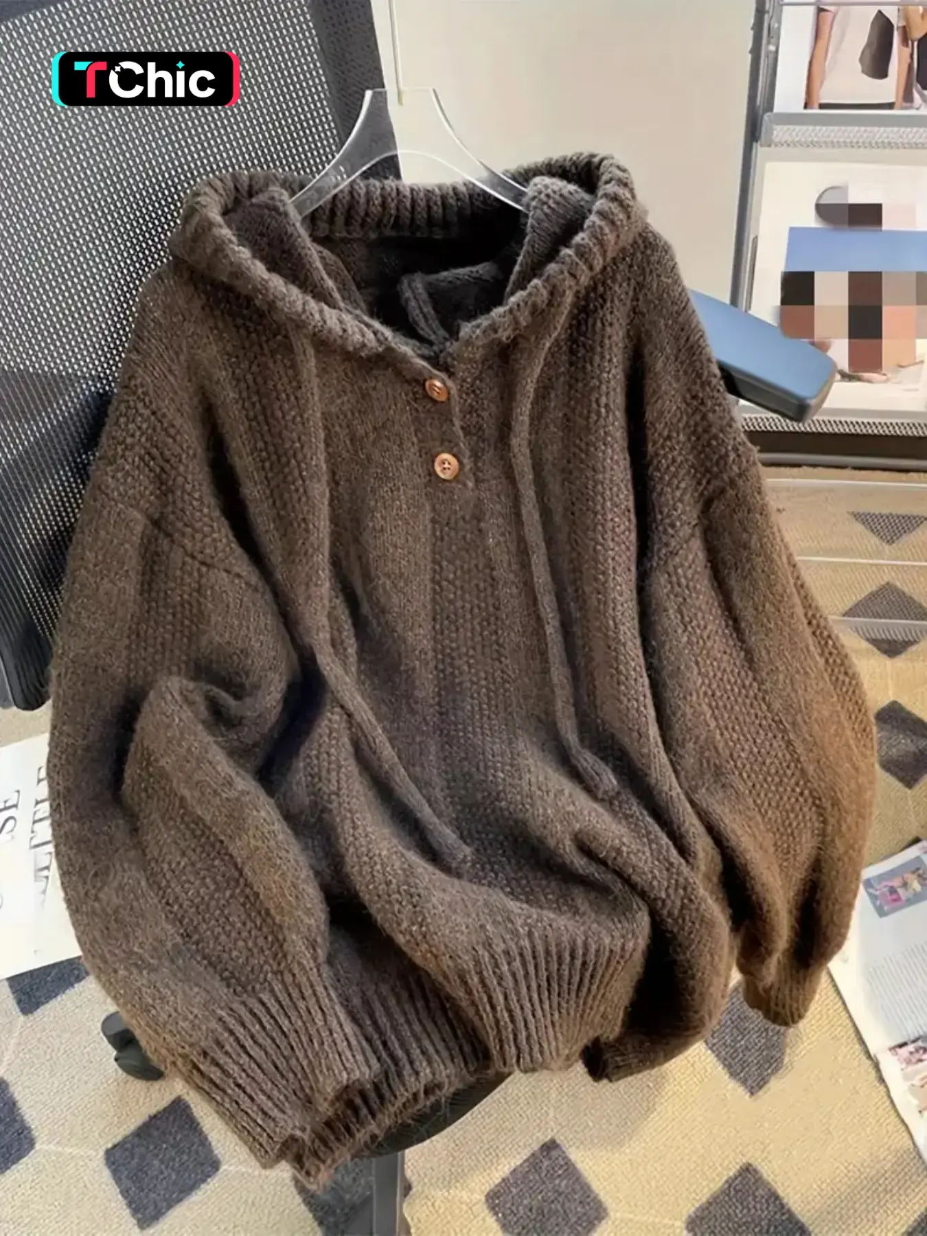 Women's Oversized Loose Baggy Hooded Button Up Adjustable Drawstring Long Sleeve Pullover Sweater Autumn/Winter Casual Solid Color Warm Thick Chunky Cozy Soft Jumper Sweater Top, Women Fall Outfit, Winter Sweater for Women, Fall Knit Outerwear, Garment
