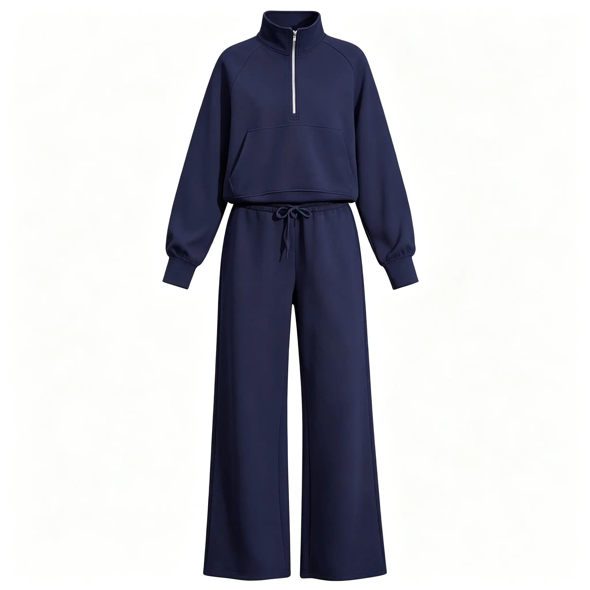 Women 2‑Piece Tracksuit Outfit Set, Solid Color Quarter‑Zip Stand Collar Sweatshirt & Drawstring Wide Leg Pants, Casual Loungewear Set for Spring Autumn Daily Wear