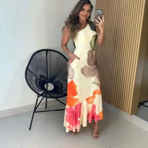European and American floral print single shoulder dress, women's single shoulder pocket, fish tail big swing, vacation style long dress, women's dress