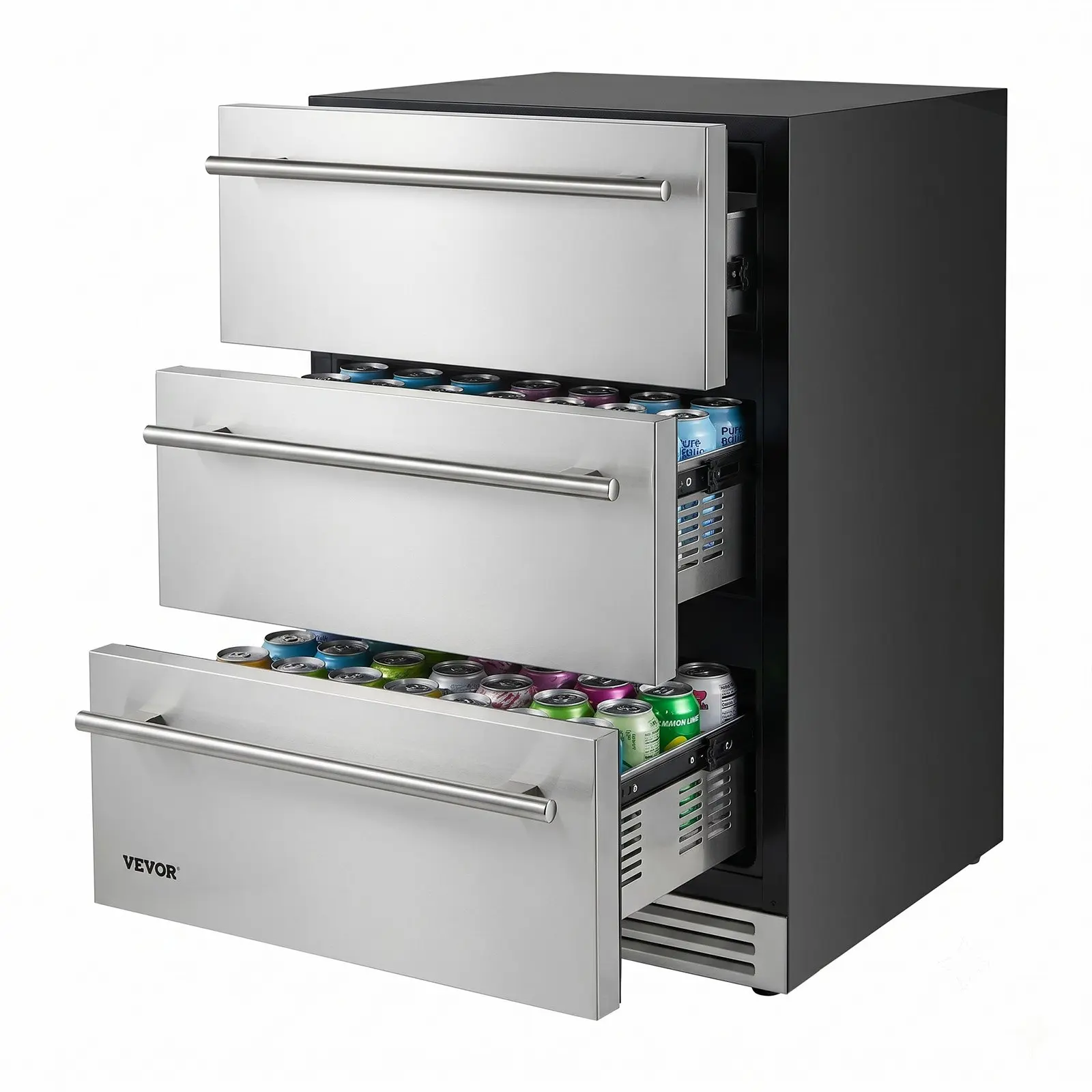 VEVOR 3-Drawer Refrigerator, 24 in Undercounter Beverage Cooler, Large Capacity Drink Fridge, 3 Separate Storage Zones, 304 Stainless Steel Drawers, Fast Cooling, for Kitchen, Game Room & Home Bar