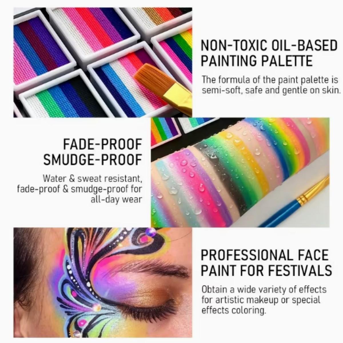 Face & Body Paint Palette Set with 1 Brush, Rainbow Gradient Pigment, Cosmetic Paint, Halloween Makeup Kit, Water-based Temporary Body Paint, Ideal for Halloween, Cosplay Parties, Art and Stage Makeup