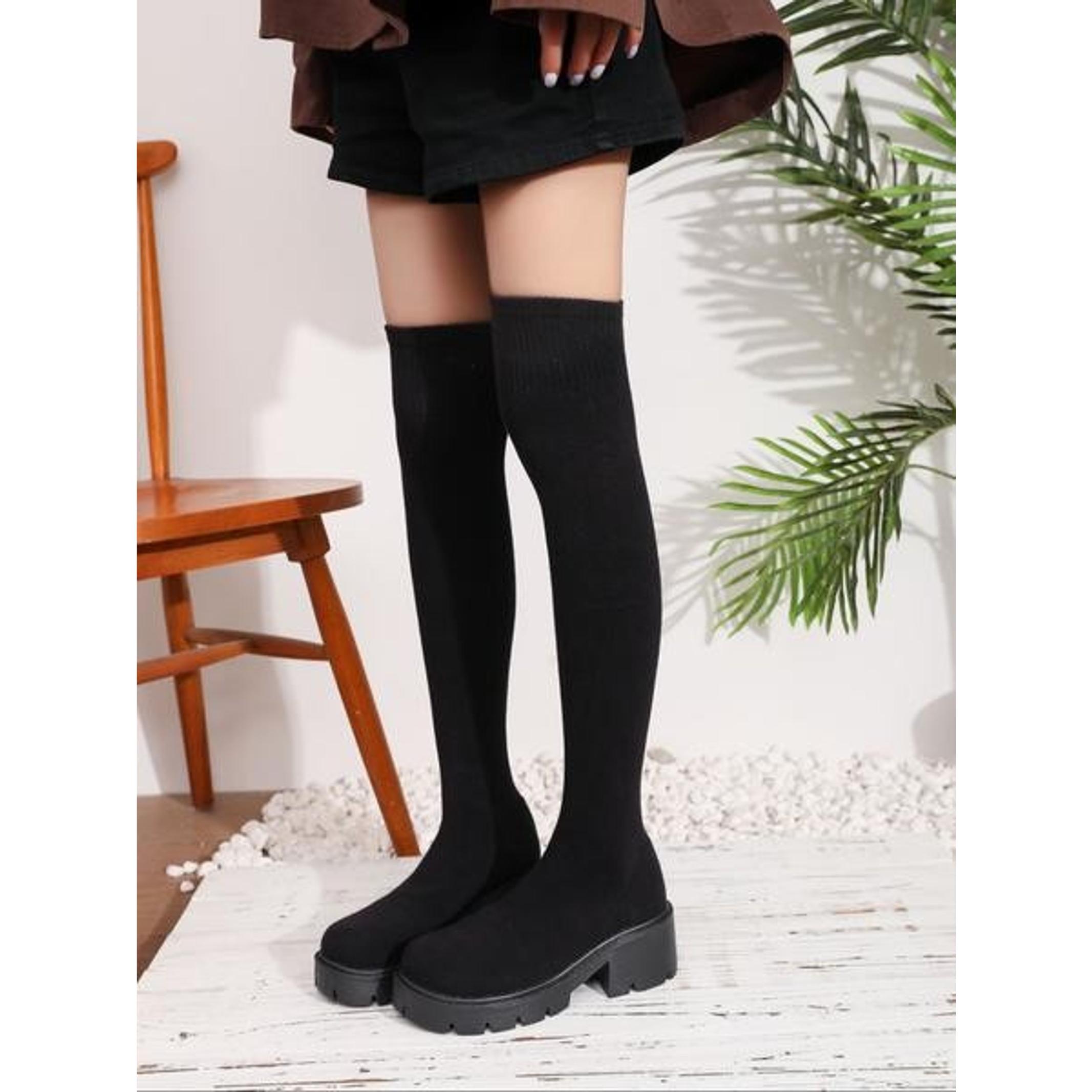 Women's Over-The-Knee Sock Boots, Fall & Winter Sexy Style Knitted Long Booties, Thick Sole Textile Upper Rubber Sole, Daily Wear Boots