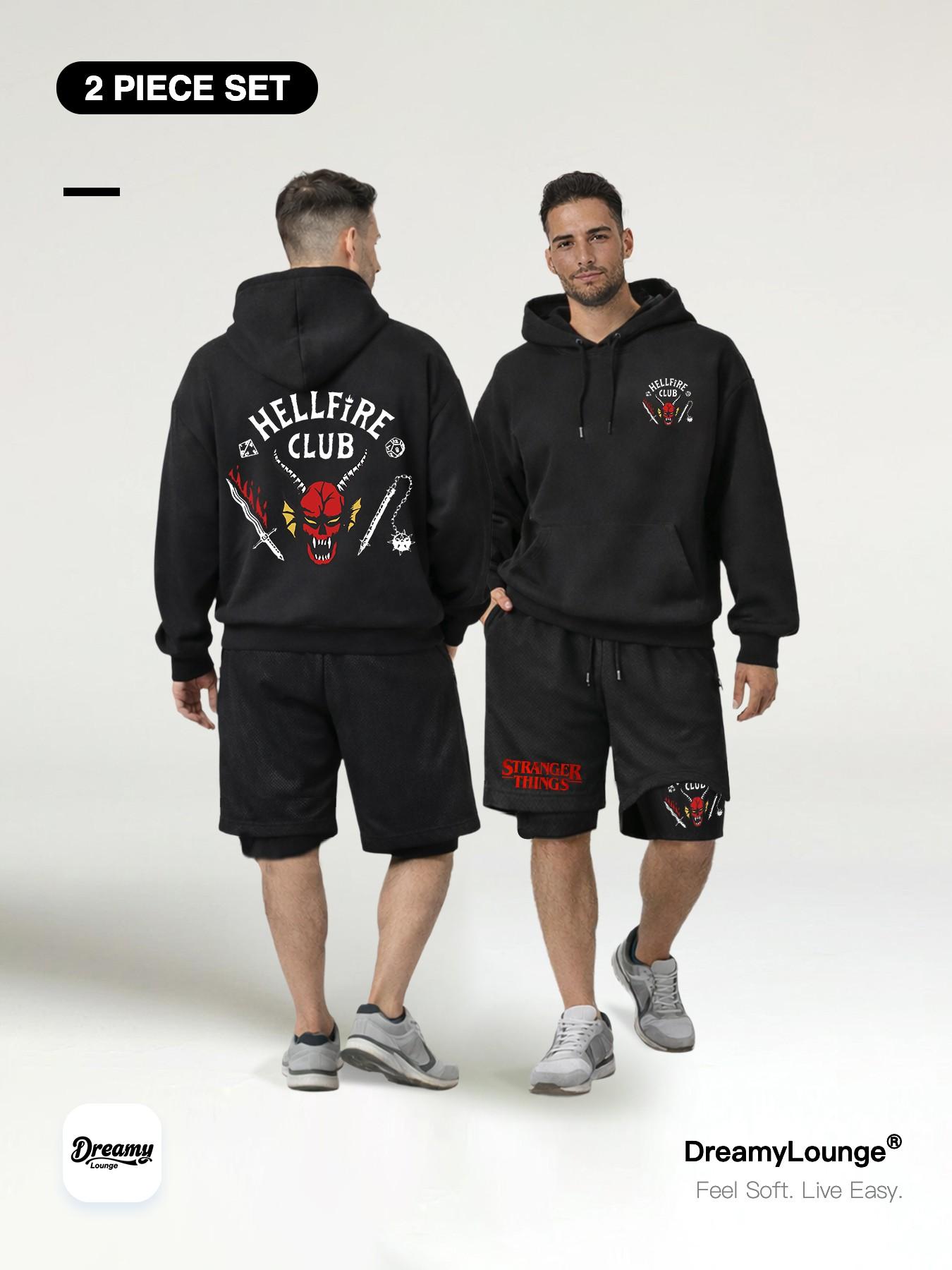 Stranger Things ｜2-Piece Set｜ Hellfire Club Loose Hoodie, Dual-Layer Mesh Breathable Shorts, Casual Fitted Graphic Style, Home Wear