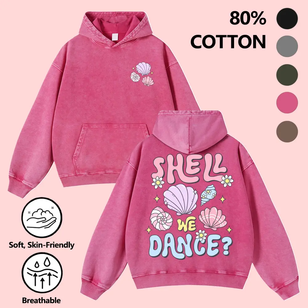 Men's Unisex "Shell We Dance" Retro Seashell Graphic Vintage Washed Oversized Hoodie, 380g Cotton Fabric, Soft Ocean Shell Cartoon Front & Back Print, Casual Menswear Sweatshirt for Autumn