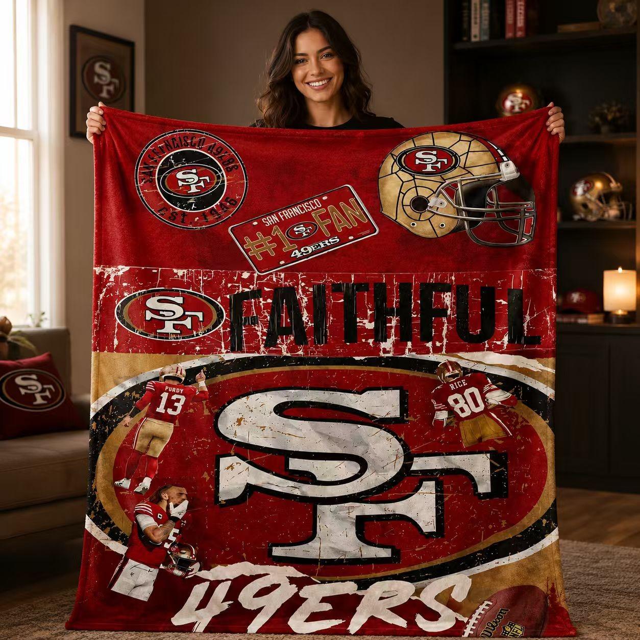 San Francisco 49ers Flannel Blanket, Vintage Texture Team Logo, Thick Soft Anti-Pilling Washable, All-Season Adult Throw, Gift for Football Fans