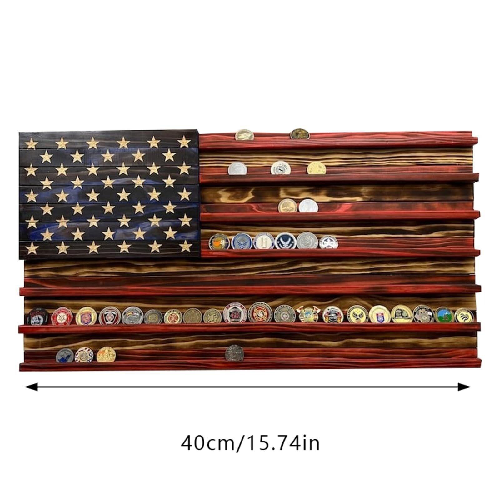 Unique Handcrafted Wooden American Flag Challenge Coin Display, Perfect for Firefighters, Police, and Military Enthusiasts