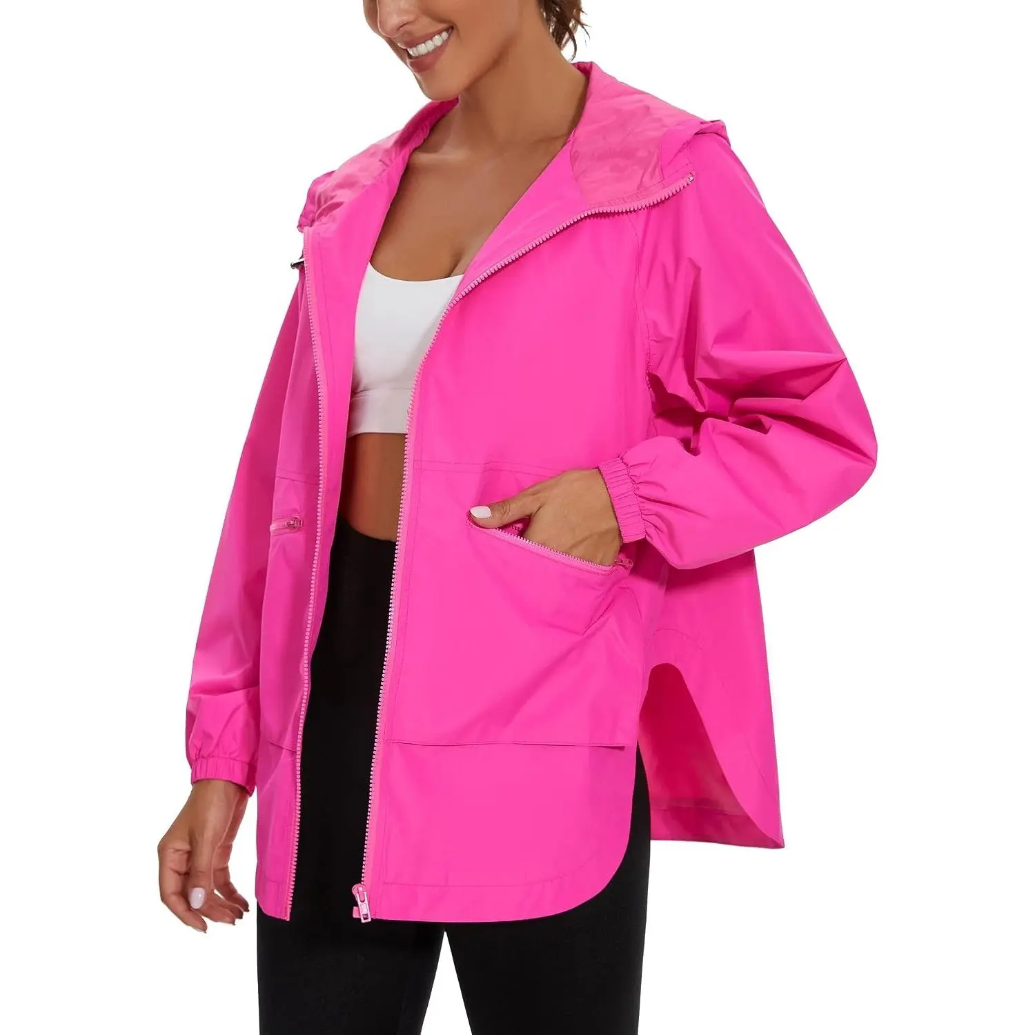 Womens Waterproof Raincoat Lightweight Rain Jacket Trench Coat Hooded Windbreaker With Pockets for Outdoor