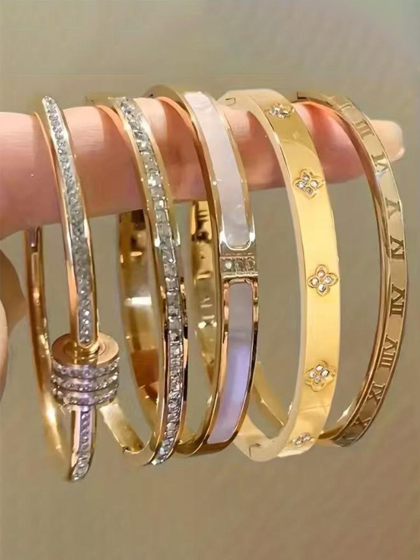5-Piece Waterproof Titanium Steel Bracelet Set, Rhinestone Design, 18K Gold Plated, Versatile Bracelet, Unisex Elegant Jewelry, Stackable Bracelets, Fashion Bracelet