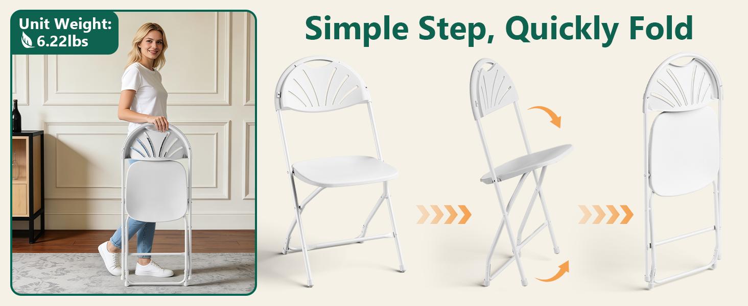 Folding Chair Pack, White Plastic No Assembly Required Folding Chairs with Non-Slip Feet, Foldable Chair Set for Camping, Parties, Weddings, Events