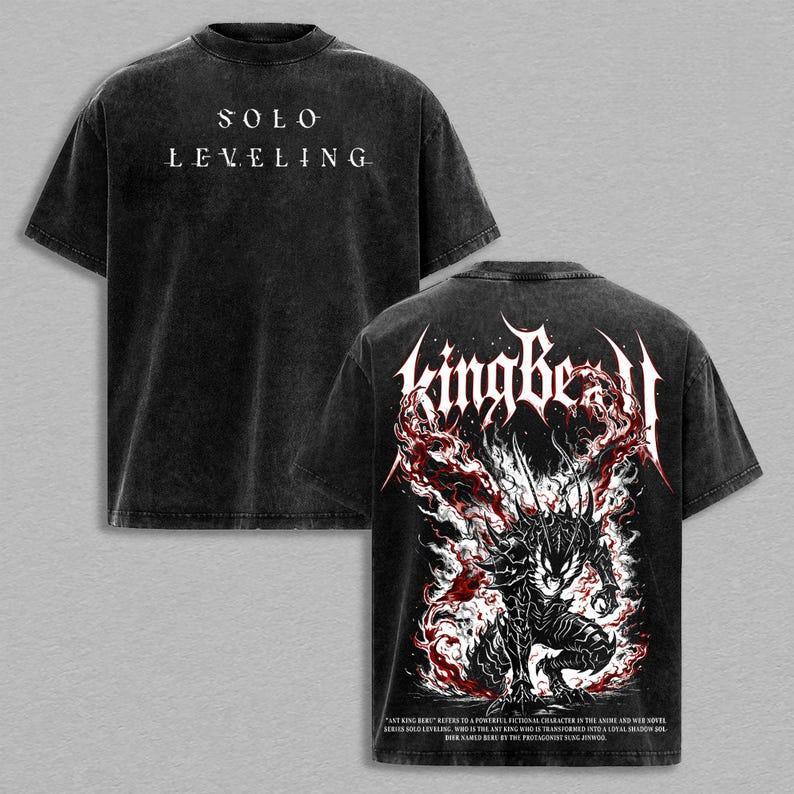 Beru Solo Leveling Graphic Tee, Shadow Army Ant King Dark Monarch T-Shirt, Vintage Washed Cotton Anime Top for Men & Women, Casual Streetwear, Trendy Short Sleeve Shirt, Soft Comfortable Everyday Outfit