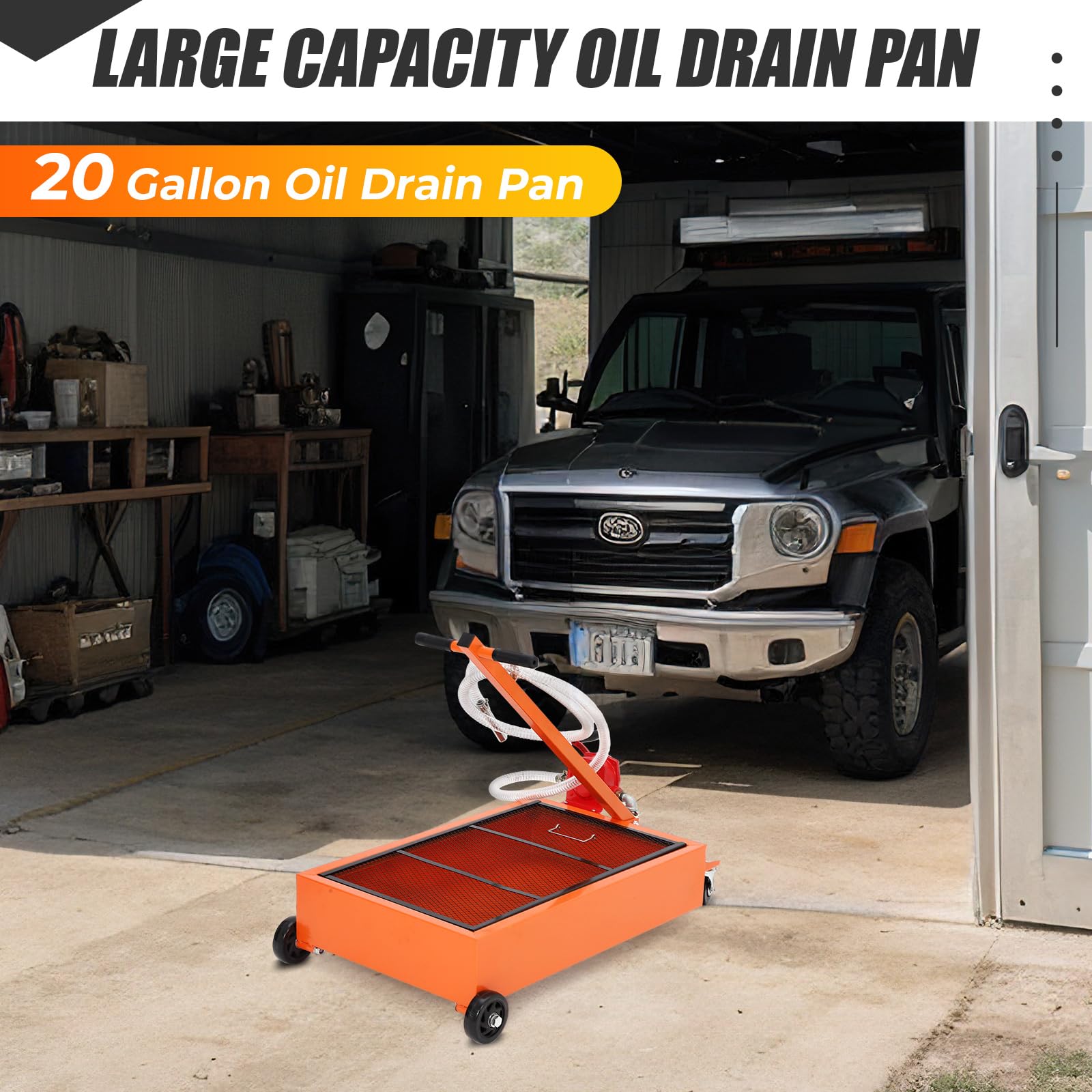 【Fathersdaygift】GARVEE Oil Drain Pan-20/15 Gallon Low Profile  with Pump (Electric/Manual Options),Heavy Duty Portable Waste Fluid Drain Tub with 8ft Hose & Folding Handle for Trucks, SUVs, Cars