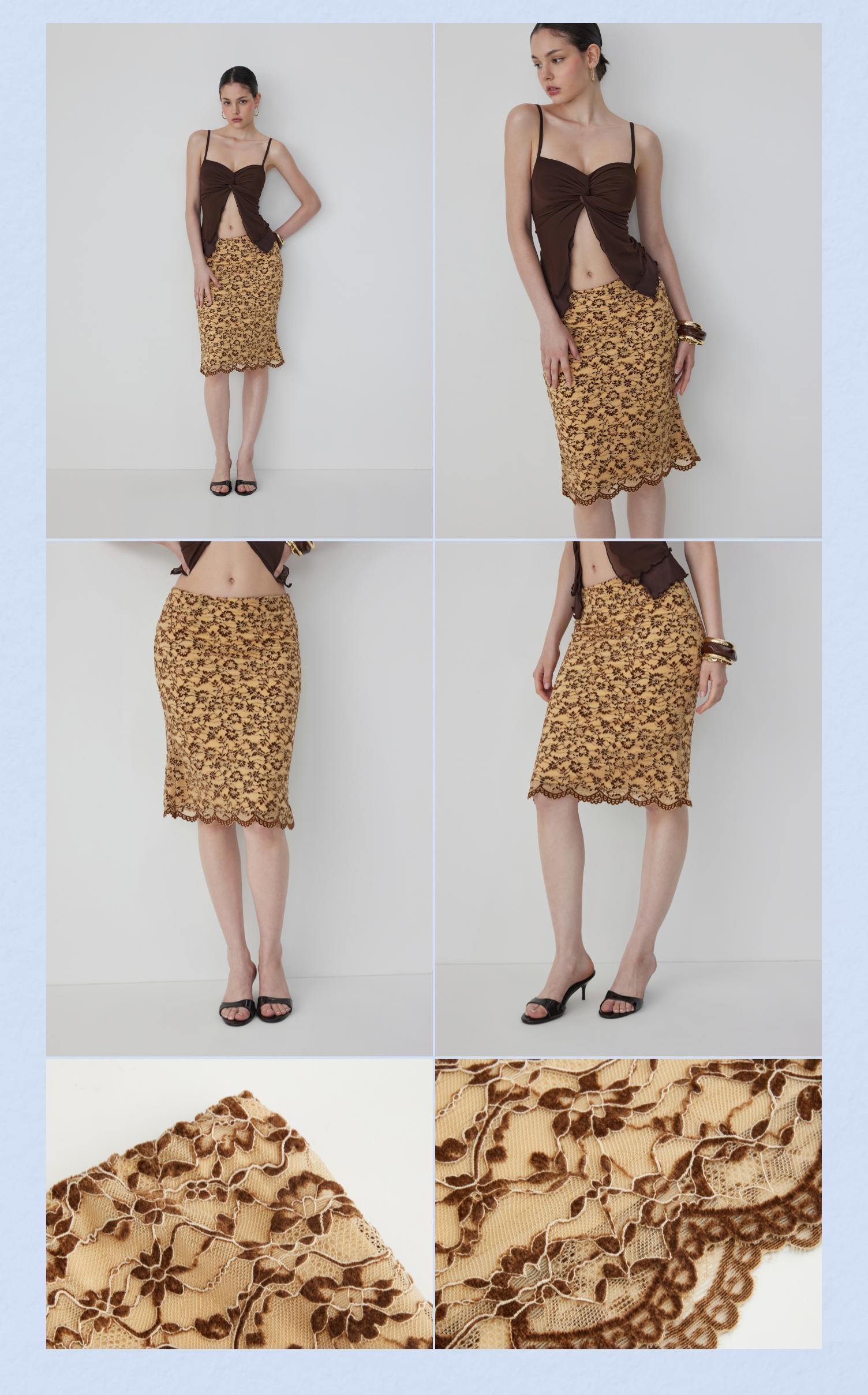 Cider Flocking Lace Low Rise Floral Mermaid Midi Skirt