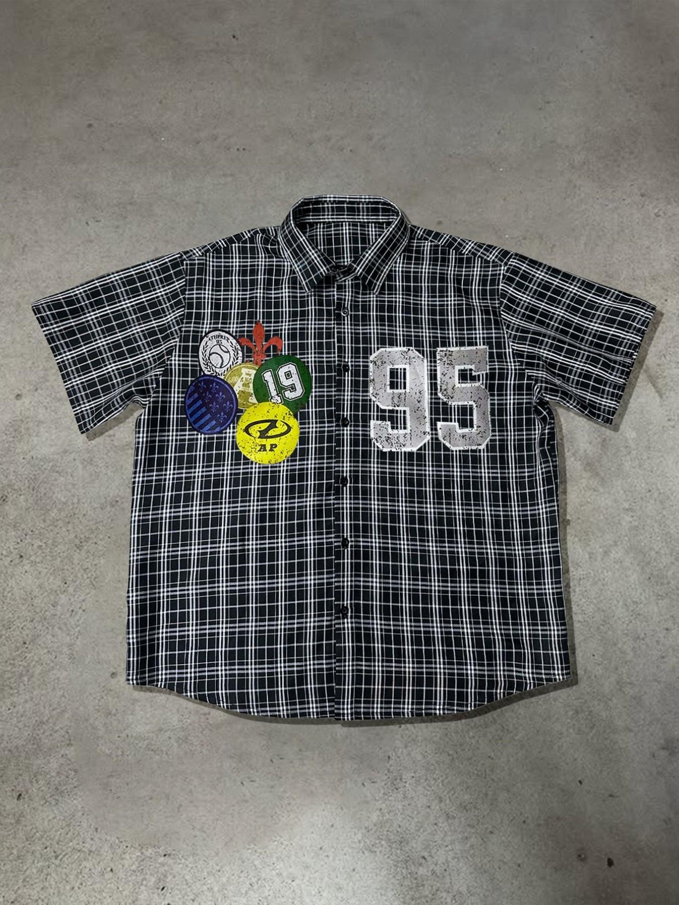 Viral Trendy Patch Badge 95 Number Plaid Short-Sleeve Shirt - Oversized ...