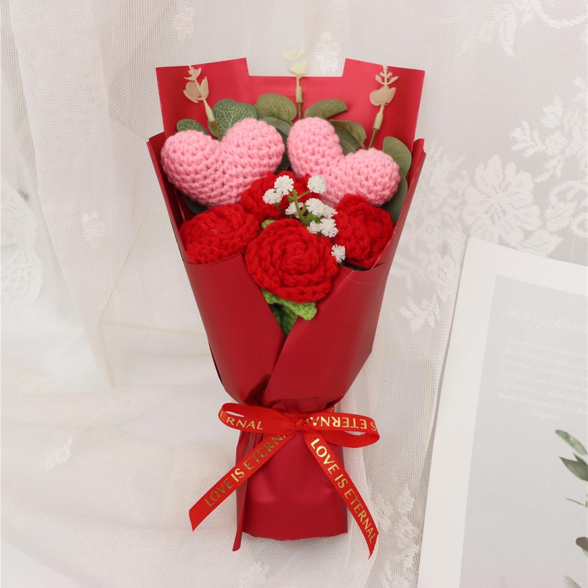 Handmade Knitted Yarn Artificial Flower Bouquet, Heart and Rose Flowers, Perfect Gift for Valentine's Day Mother's Day Thanksgiving