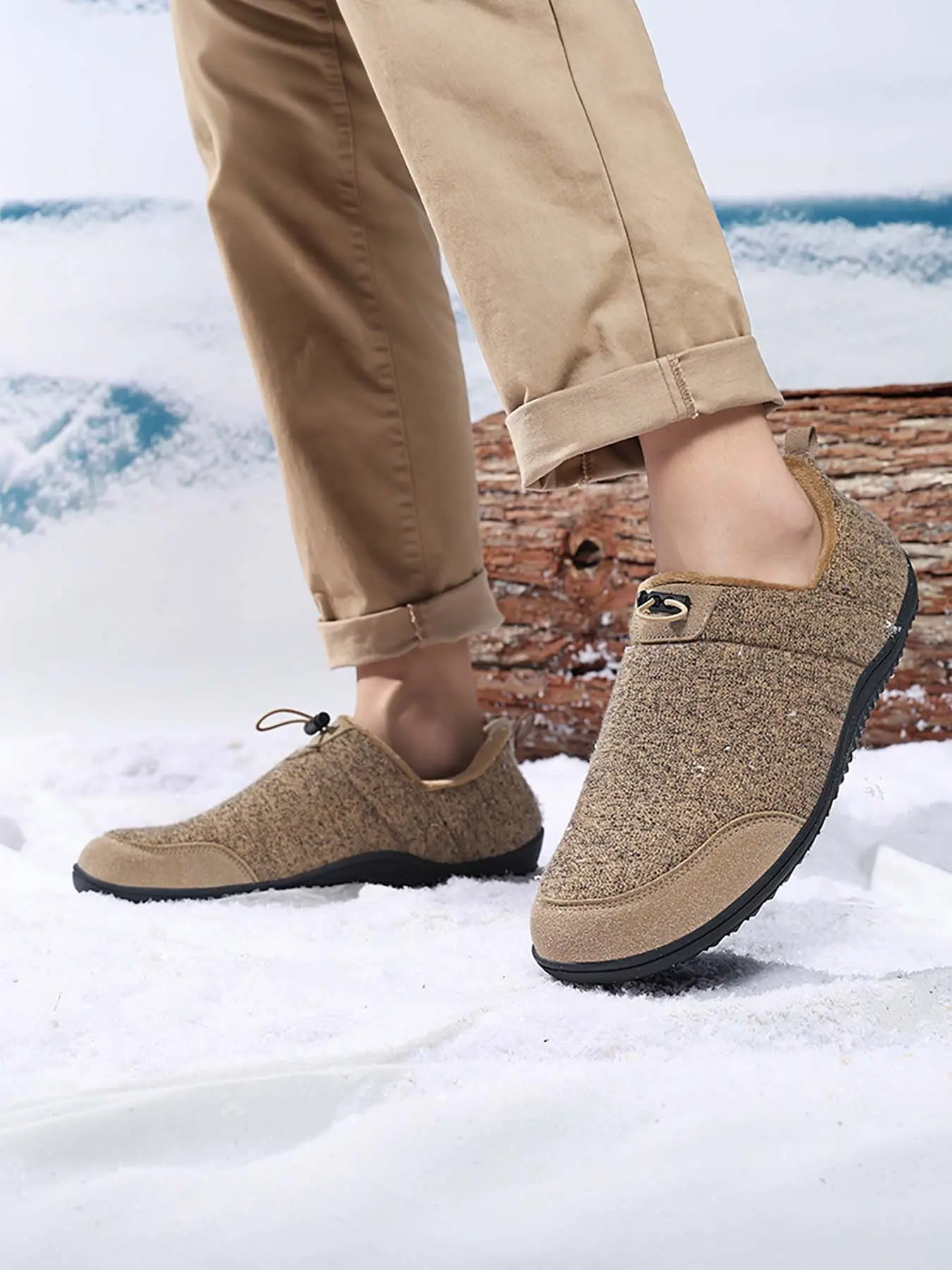 Men's Fleece Lined Slip-On Winter Shoes, Quick Drawstring Lock Loafers, Wide Toe Box Zero Drop Barefoot Footwear, Non-Slip Serrated Rubber Sole, Warm Cold-Resistant Casual Snow Shoes for Indoor & Outdoor Use