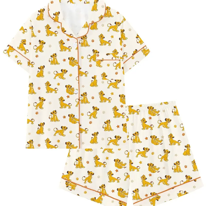 Lion Animal Print Short Sleeve Pajama Set, Pjs, Pyjamas, Matching Pajamas, Nightwear Pajama Set, Comfortable Sleepwear Loungewear Homewear for Home and Outdoors, Perfect Gift for Relaxing Nights