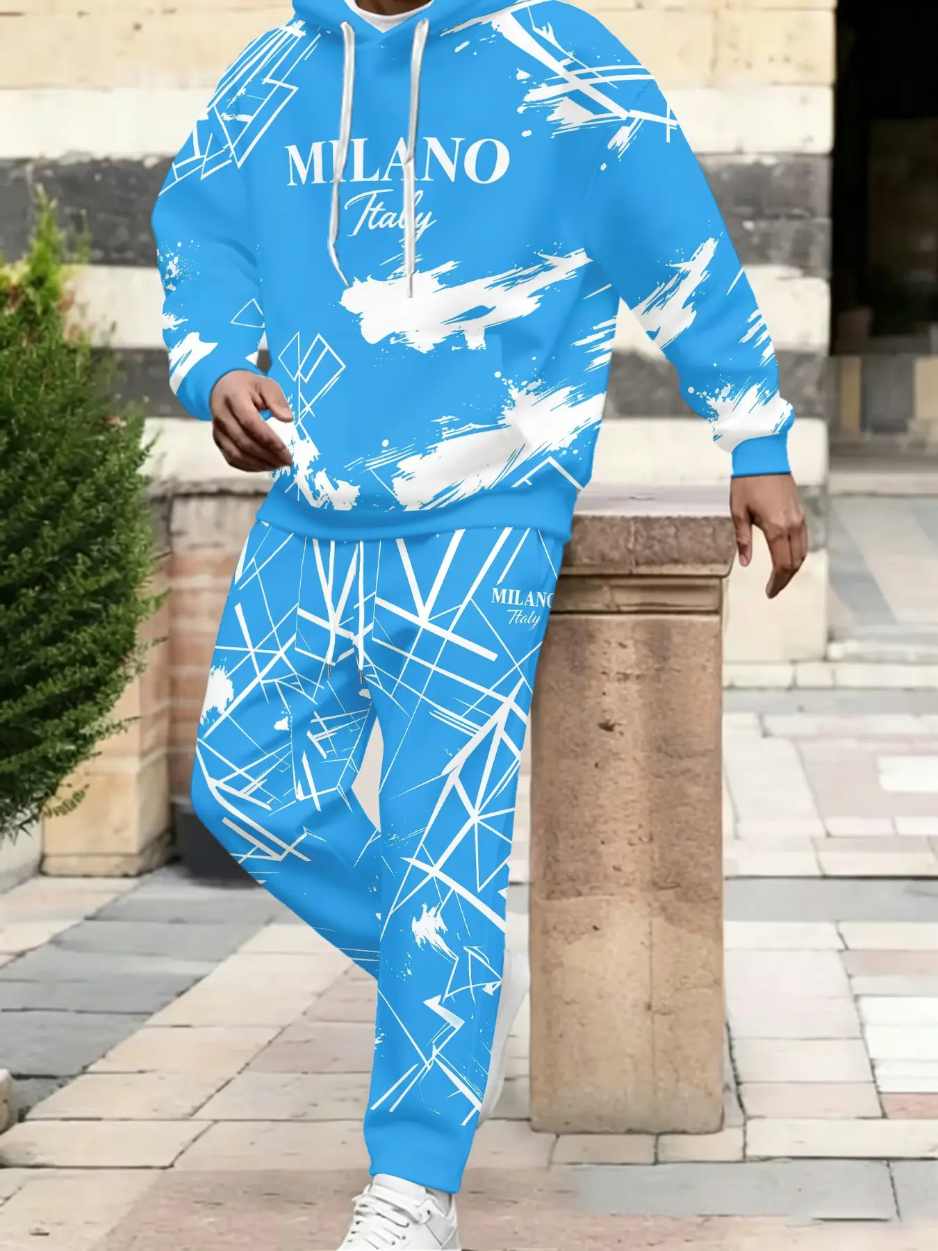 Milano Milan Printed Men's Hoodie Set, Trendy Casual Long Sleeve and Pants Two-Piece Set, Streetwear Sports for Fall & Winter