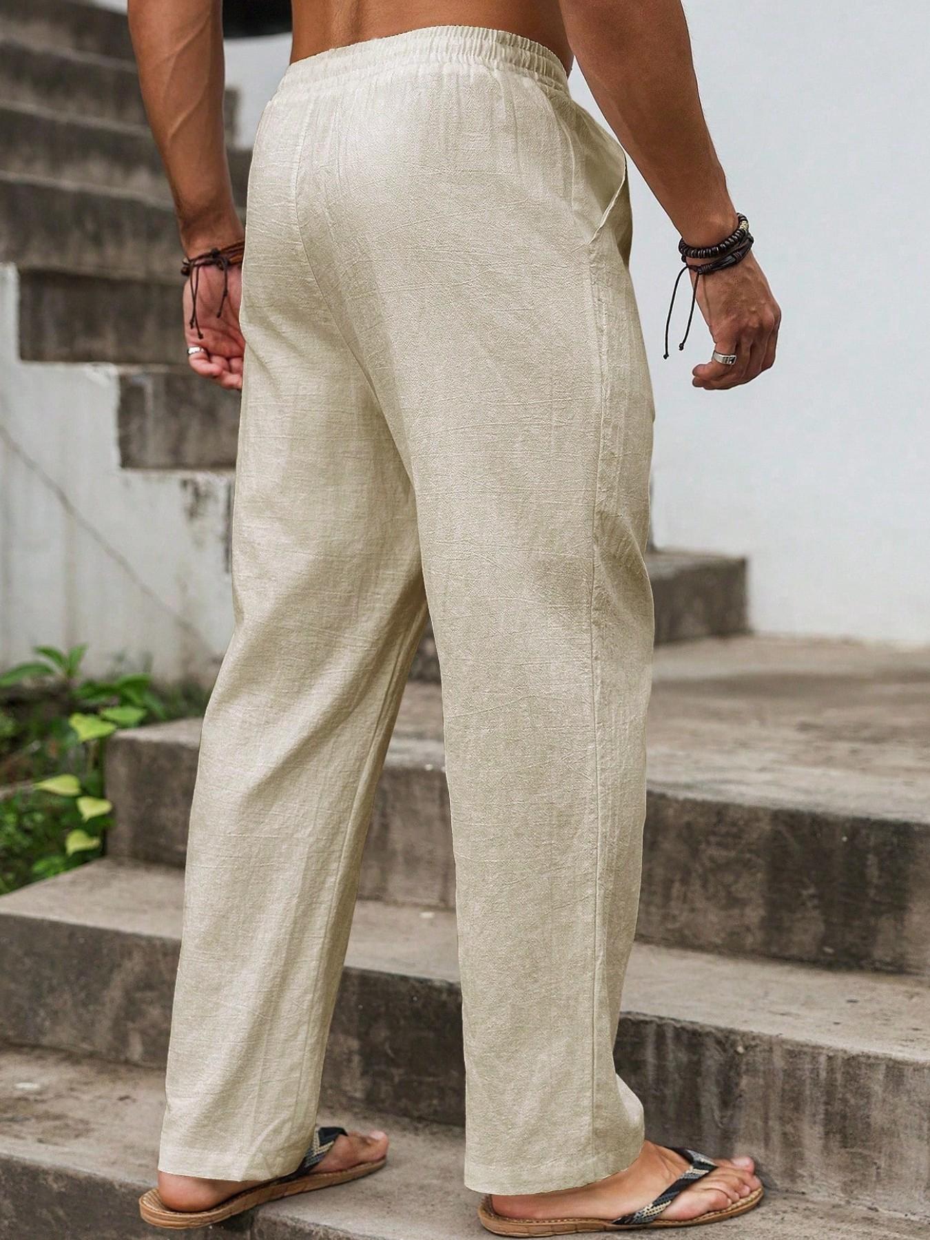 Men's Casual Loose Baggy Lightweight Linen Pants Solid Color Loose Fit Elastic Drawstring Waist Straight Legs Bottoms Summer Breathable and Soft Yoga Beach Long Pants with Pockets Wedding Partise Vacation Daily Going Out Dating Club Lounge Wear