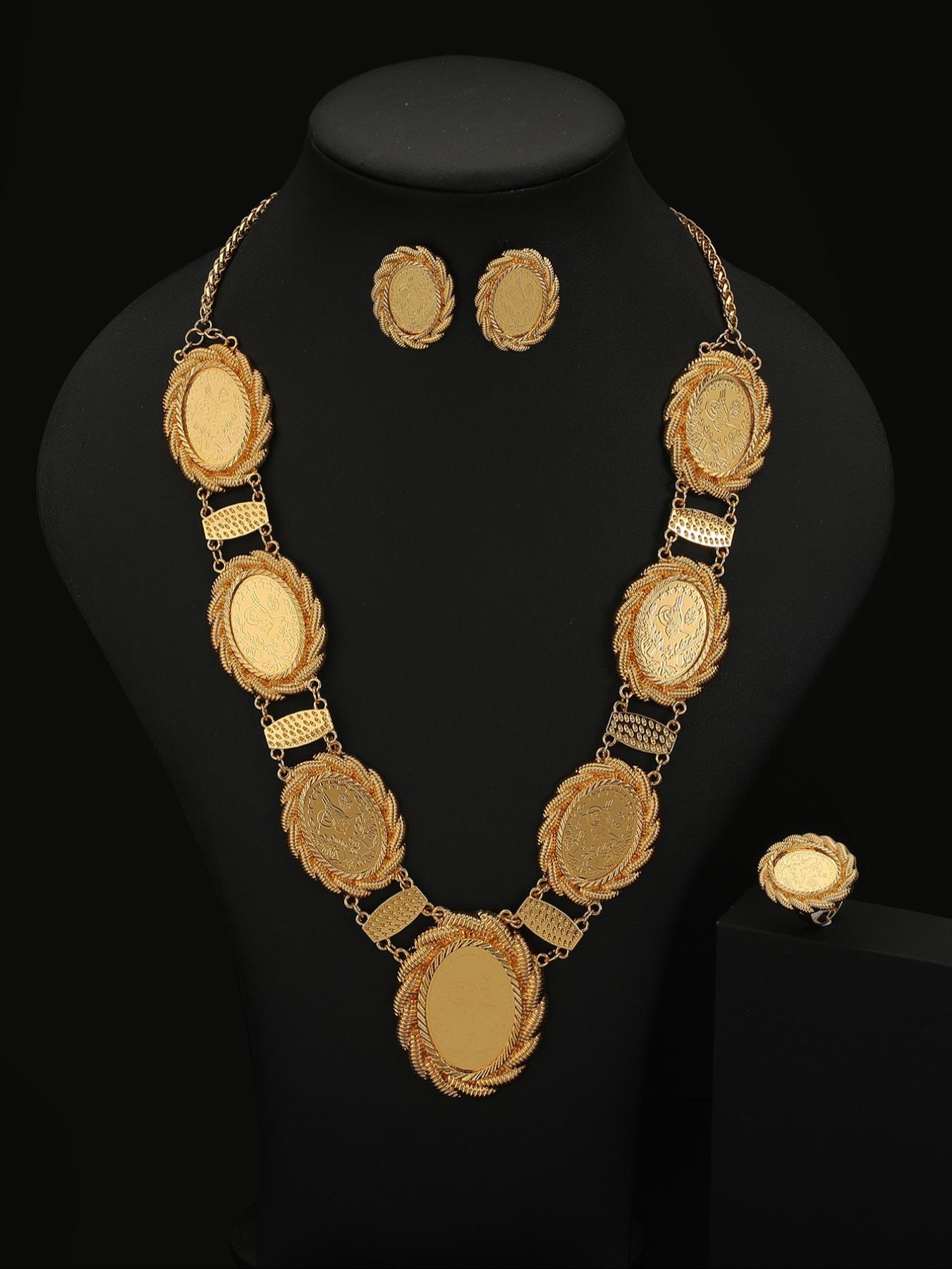 Vintage Turkish Oval Gold Coin Jewelry Set, 18k Gold Plated Luxury Exotic Accessories, Casual Stainless Steel Chain, All Seasons