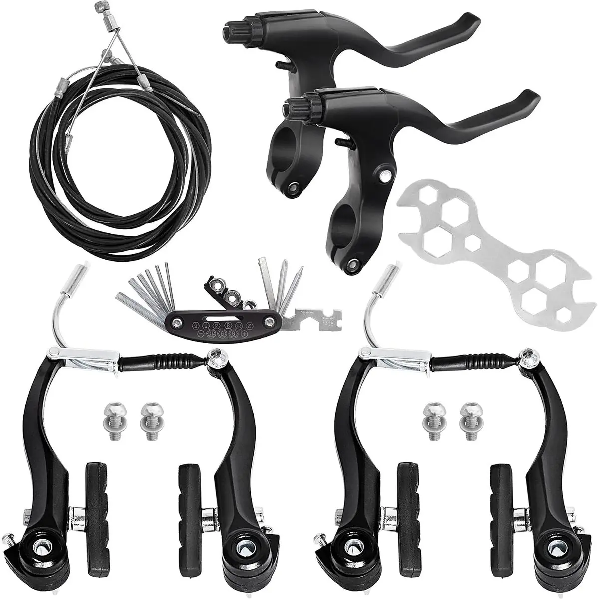 V-Type Bike Brakes Set, Complete Universal Bike Front and Rear MTB Bicycle Brake, Inner and Outer Callipers Cables Lever Kit with Multi-Tool Wrenches Black cobmx fit