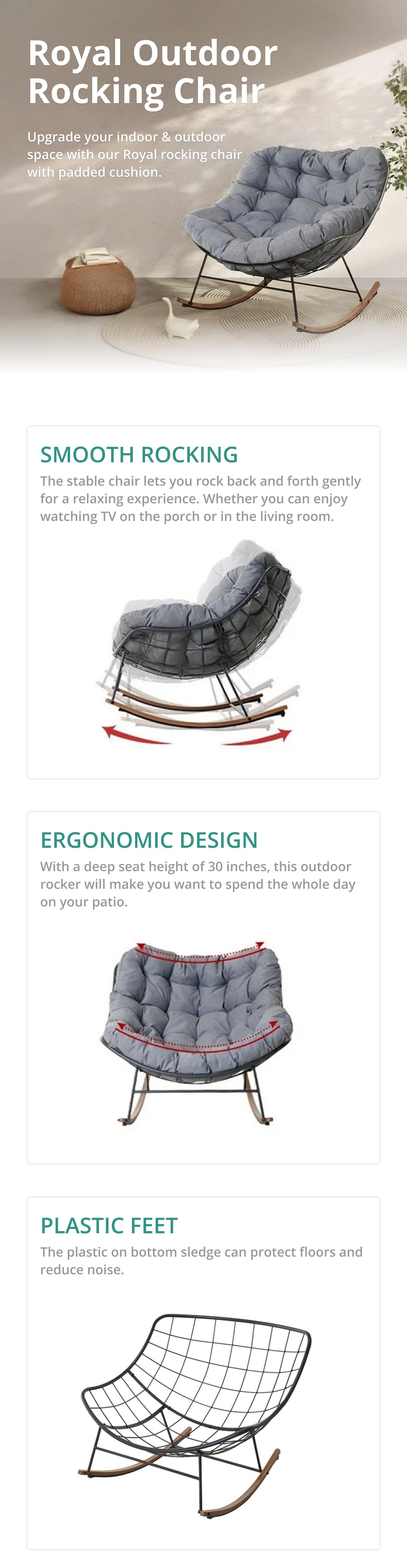 GRANDPATIO Indoor & Outdoor Royal Rocking Chairs With Cushions for Porch, Garden, Patio