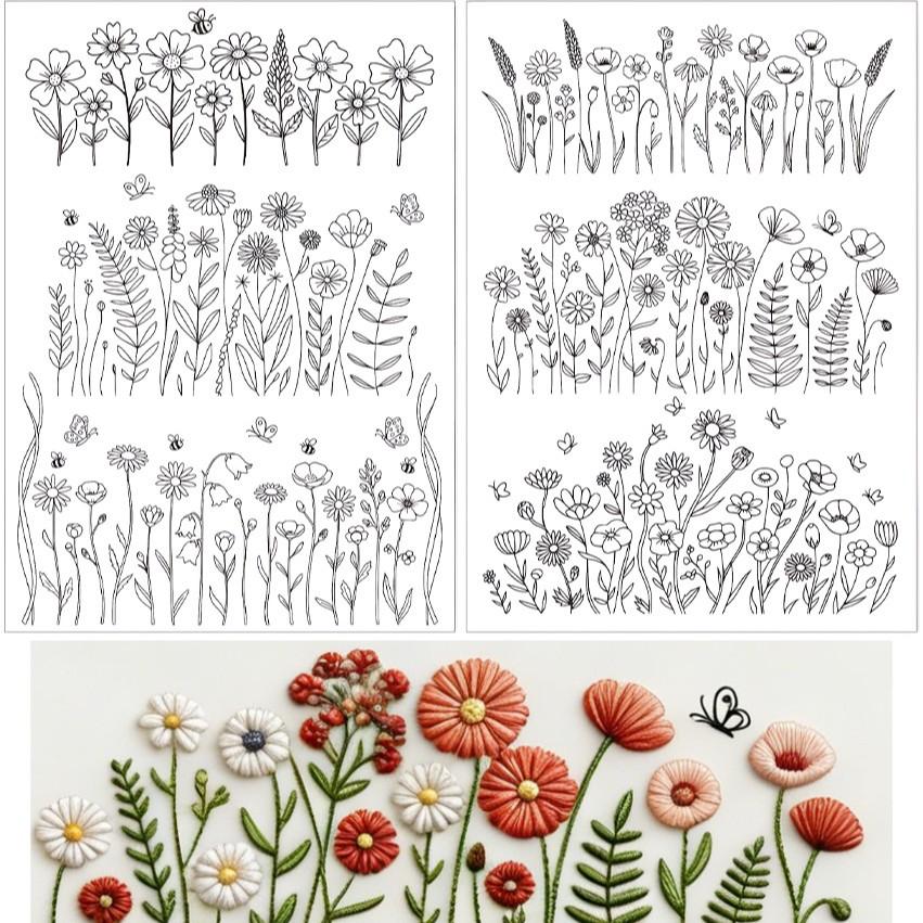 4 Sheets Preprinted Flower Embroidery Pattern Paper,Self-Adhesive Water Soluble Stabilizer Kit with Floral, Botanical & Alphabet Designs, Complete with Embroidery Floss & Needles for DIY Handmade Craft Supplies