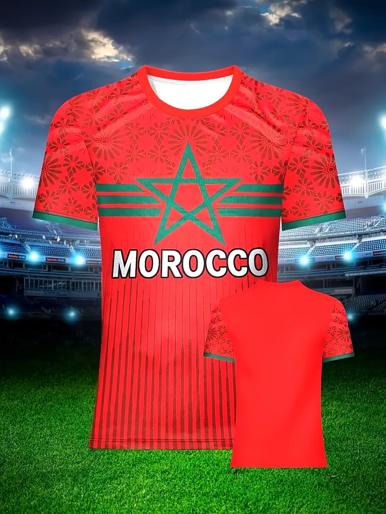 Men's Moroccan Soccer Jersey, Round Neck, Breathable Polyester Sport T-Shirt, Geometric Pattern, Slim Fit, Ideal for Casual and Outdoor Activities