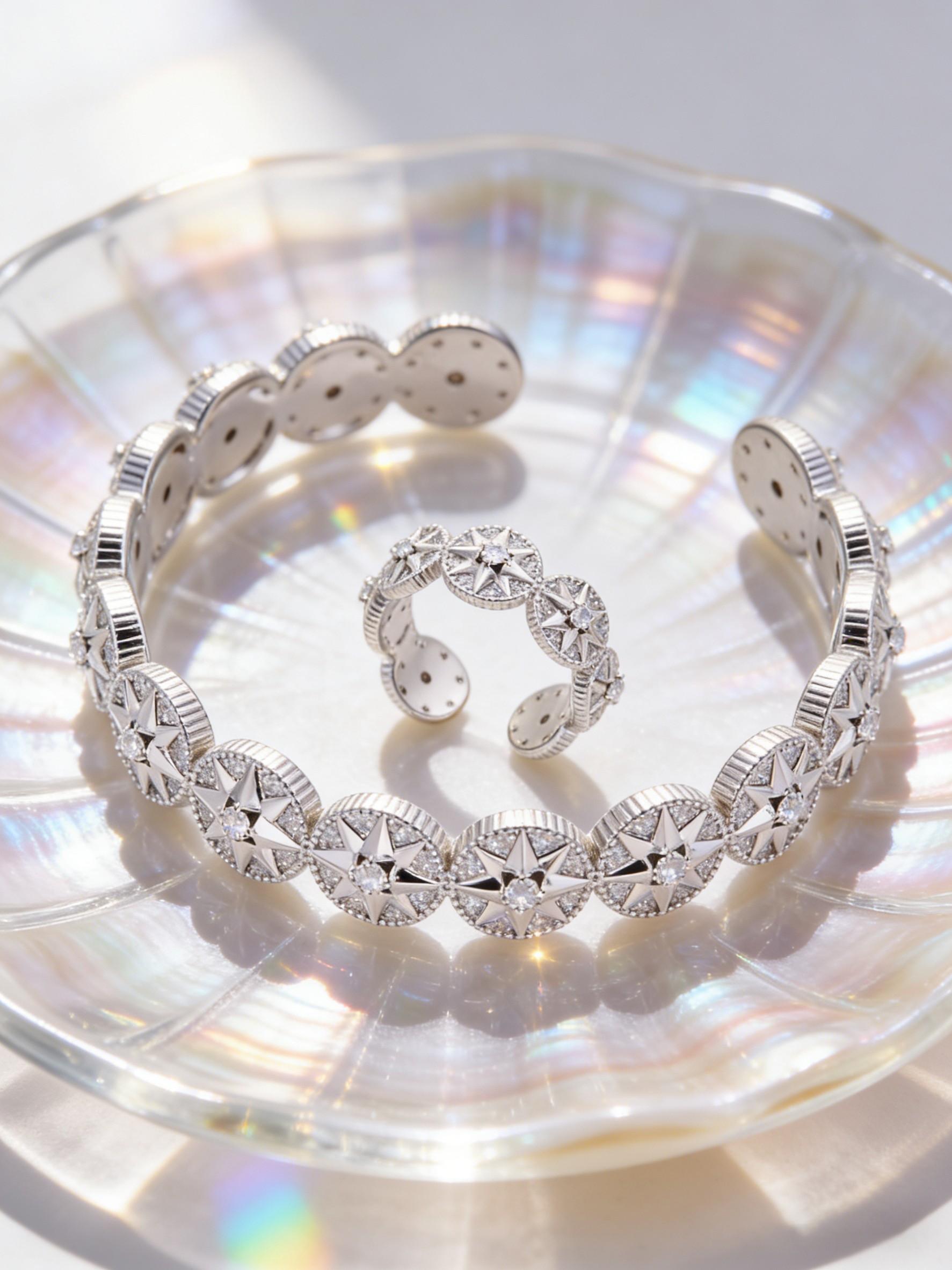 Bangle & Ring Set for Women, Luxury Starburst Cubic Zirconia Open Cuff Bracelet, Gold/Silver 2 Colors Optional, Elegant Jewelry for Office, Commute, Party & Prom