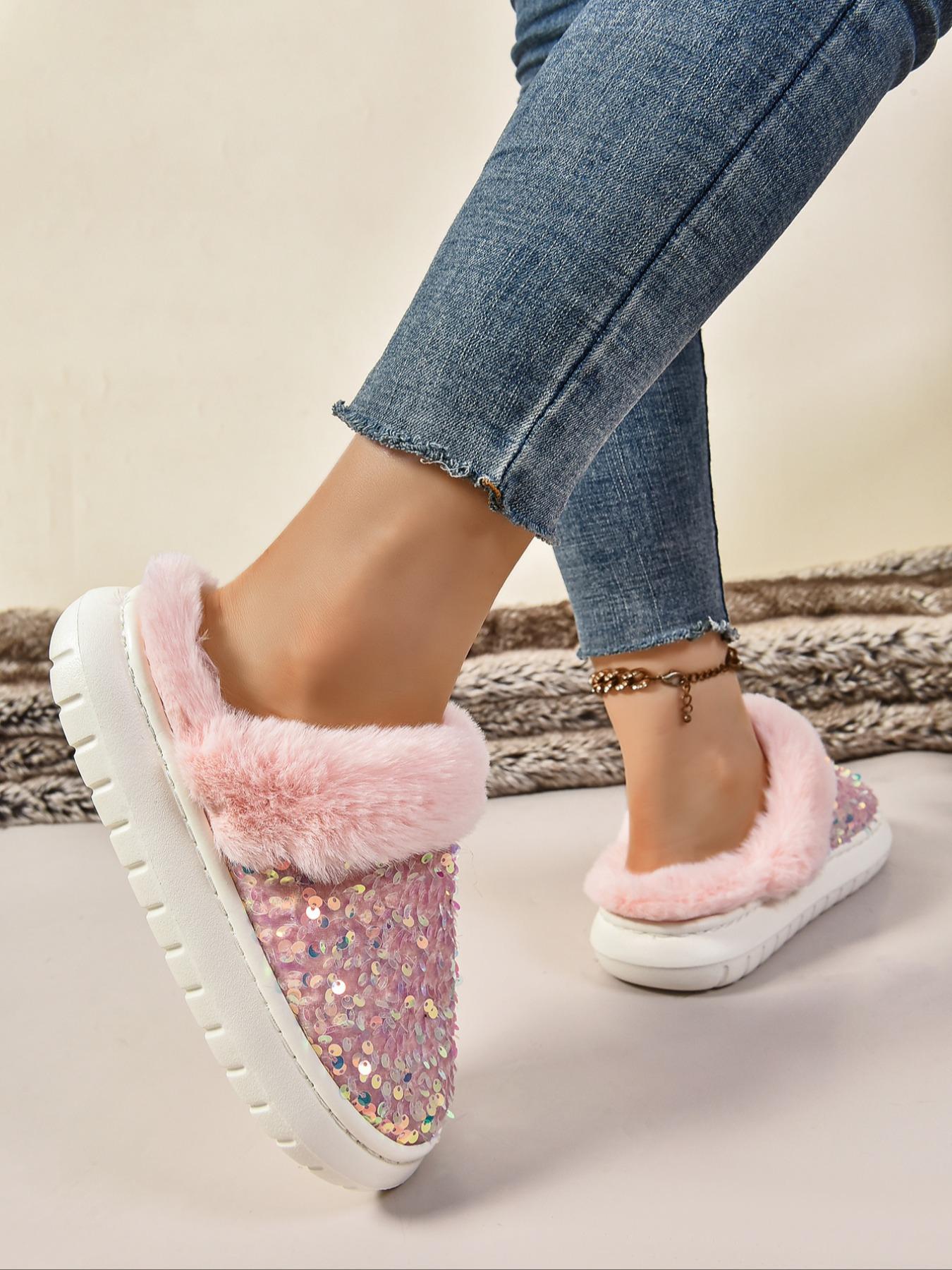 Women's Baroque Sequin Decor Plush Slippers, Casual Soft Comfortable Home Slippers, Warm Slippers for Indoor & Outdoor Use for Fall & Winter, Non Slip Slippers