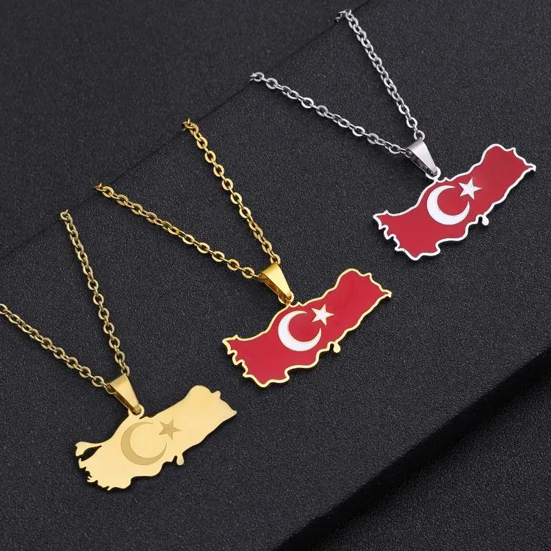 Turkey Ethnic Map Flag Pendant Necklace, Stainless Steel with Metal Coating, Gold-Silver Color Long Chain Jewelry for Men-Women, Birthday Gift Ideas, Girlfriend Birthday Gift, Chain Jewelry Necklaces