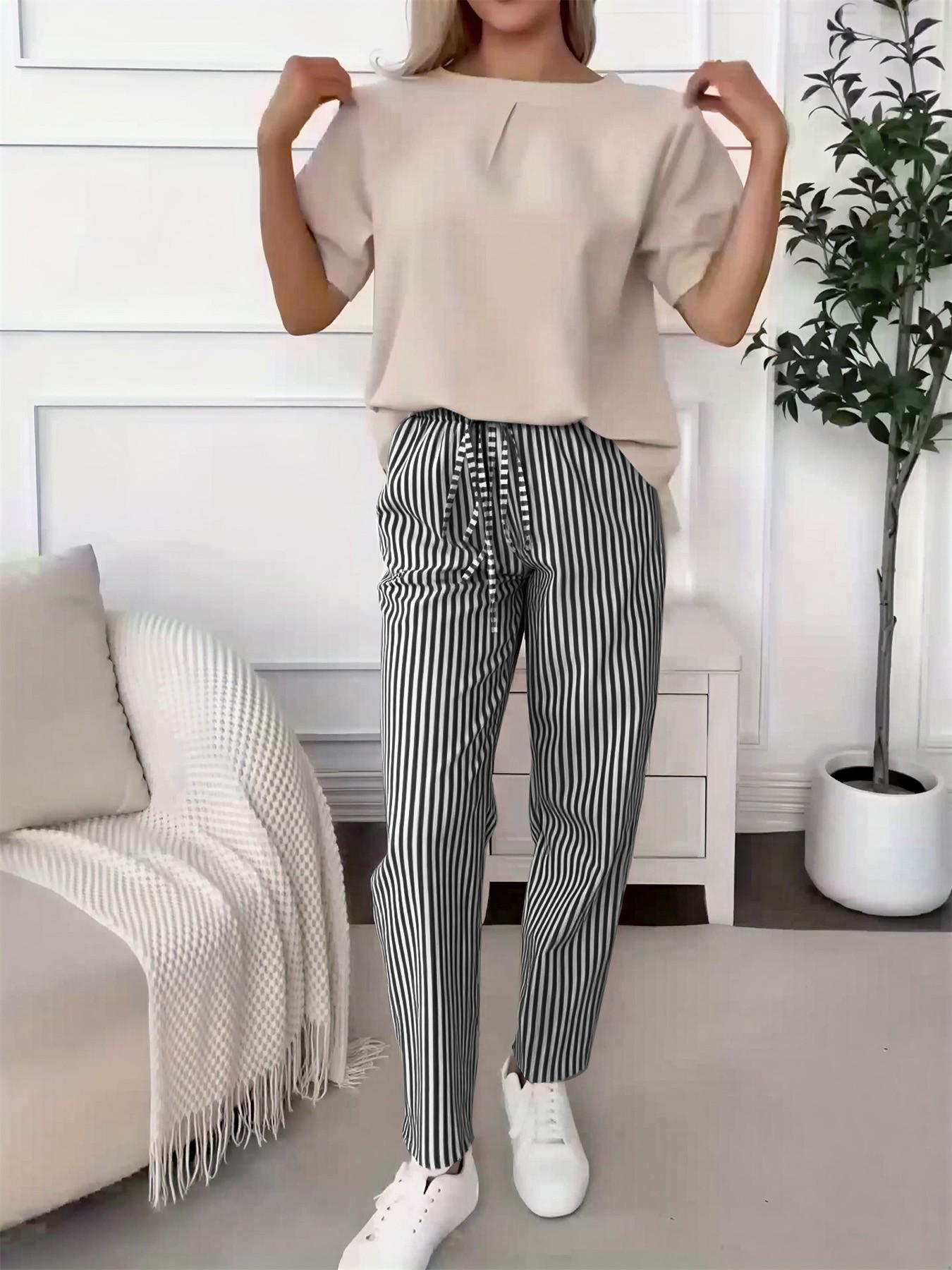 Women's 2026 Striped Cropped Jogger Pants, High-Waist Drawstring Design with Side Pockets and Cuffed Ankle Hem, Breathable Lightweight Fabric, Athleisure Style Bottoms