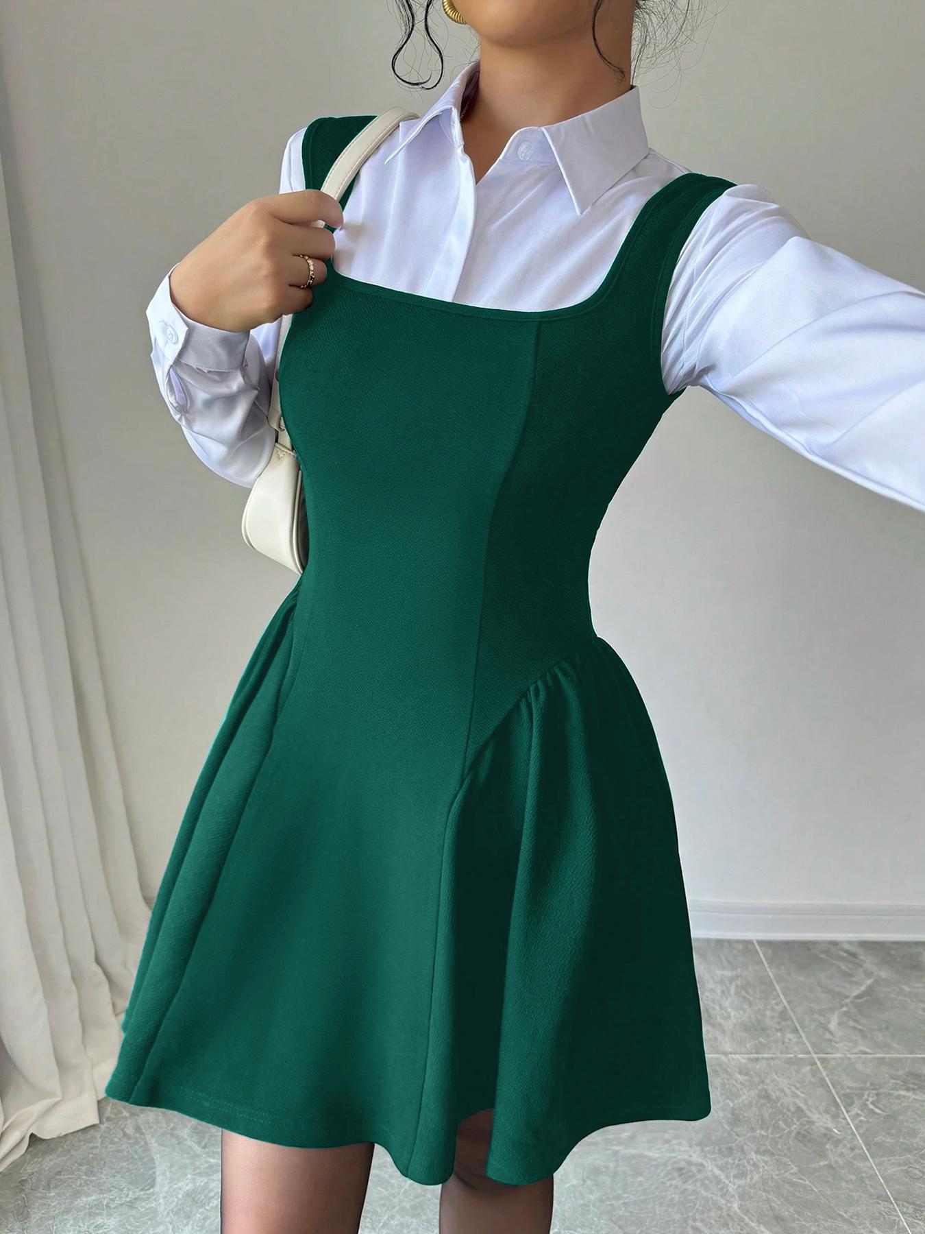 Women's Square Neck A-Line Dress, Slim-Fitting Ruffled Hem, Casual Wear for All Seasons, Perfect for Commuting and Daily Use