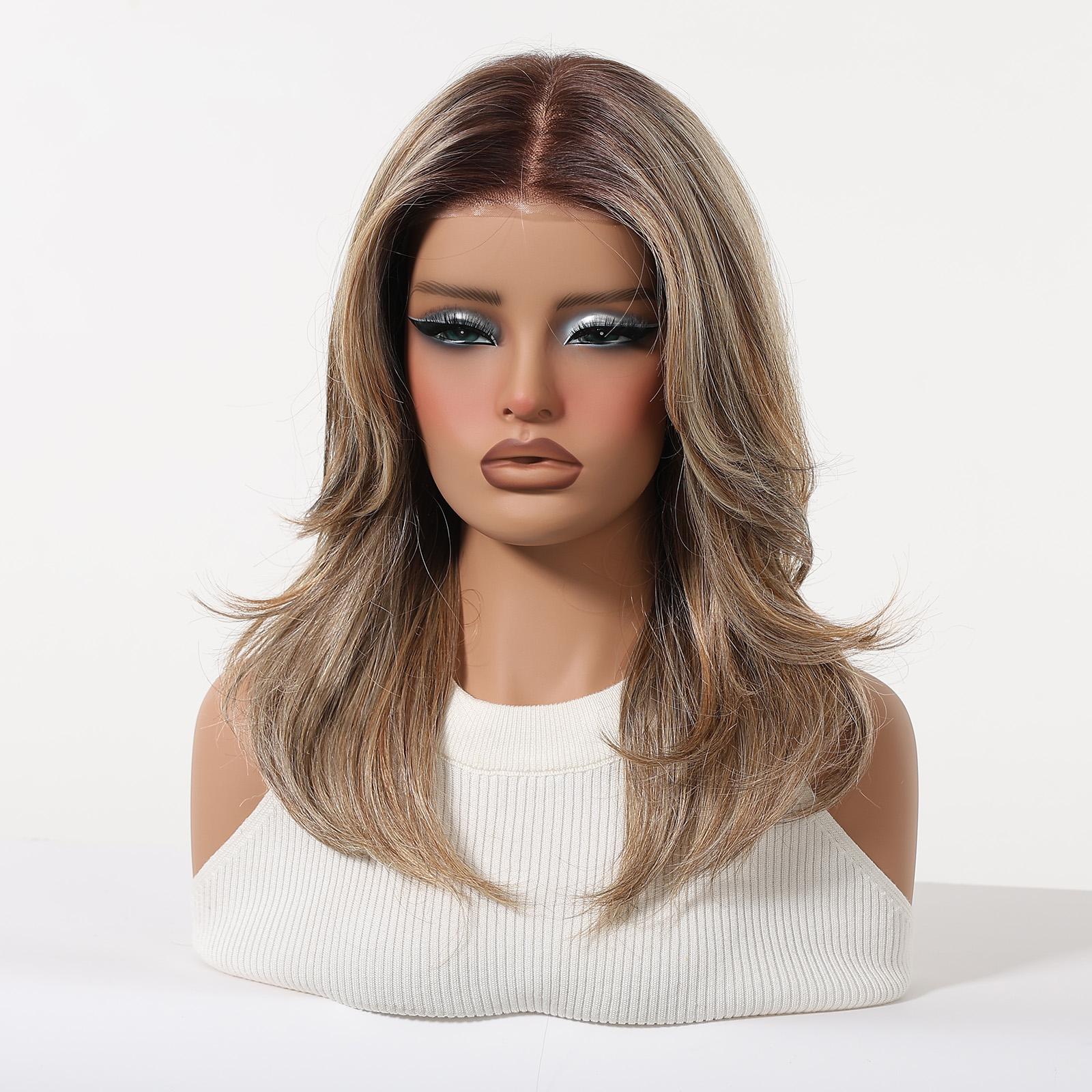 TOPSHE MONO 5.5*5 18 Inch Long Layered Wavy Ombre Brown Blonde Wig Synthetic Hair Heat Resistant Lace Front Wig for Women