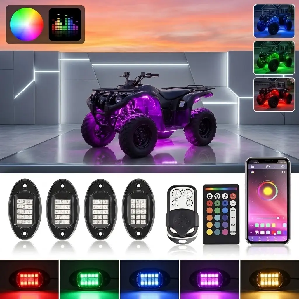 4 Pod RGB LED Rock Lights 12V Waterproof Multicolor Underglow Kit With APP Music Mode For ATV UTV Truck Vehicle Accent Underbody Accessory Christmas Gift