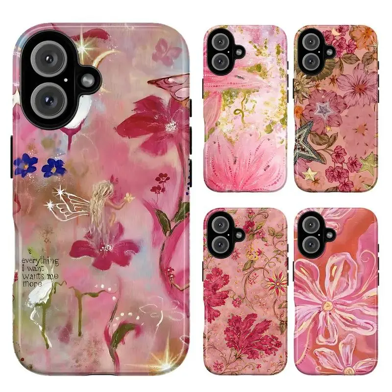 Whimsical Fairycore Rubber-Polycarbonate Hybrid Casing Cover for iPhone 17,16,15,14,13,12,11 - Blush Pink Flower, Magical Stars, Butterflies, Garden Vibe, Protection, Wireless Devices Accessory, Handheld, Durable