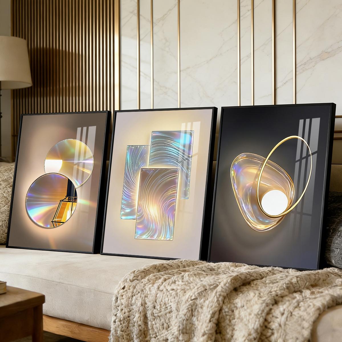 3 Counts Aluminum Alloy Framed Painting, Gradient Iridescent Abstract Light Art Pictures, Home Decoration For Living Room, Bedroom, Office, Restaurant, Hallway Wall Decor, Odorless Print Artwork, Luxury Perfect Gift For Friends And Family