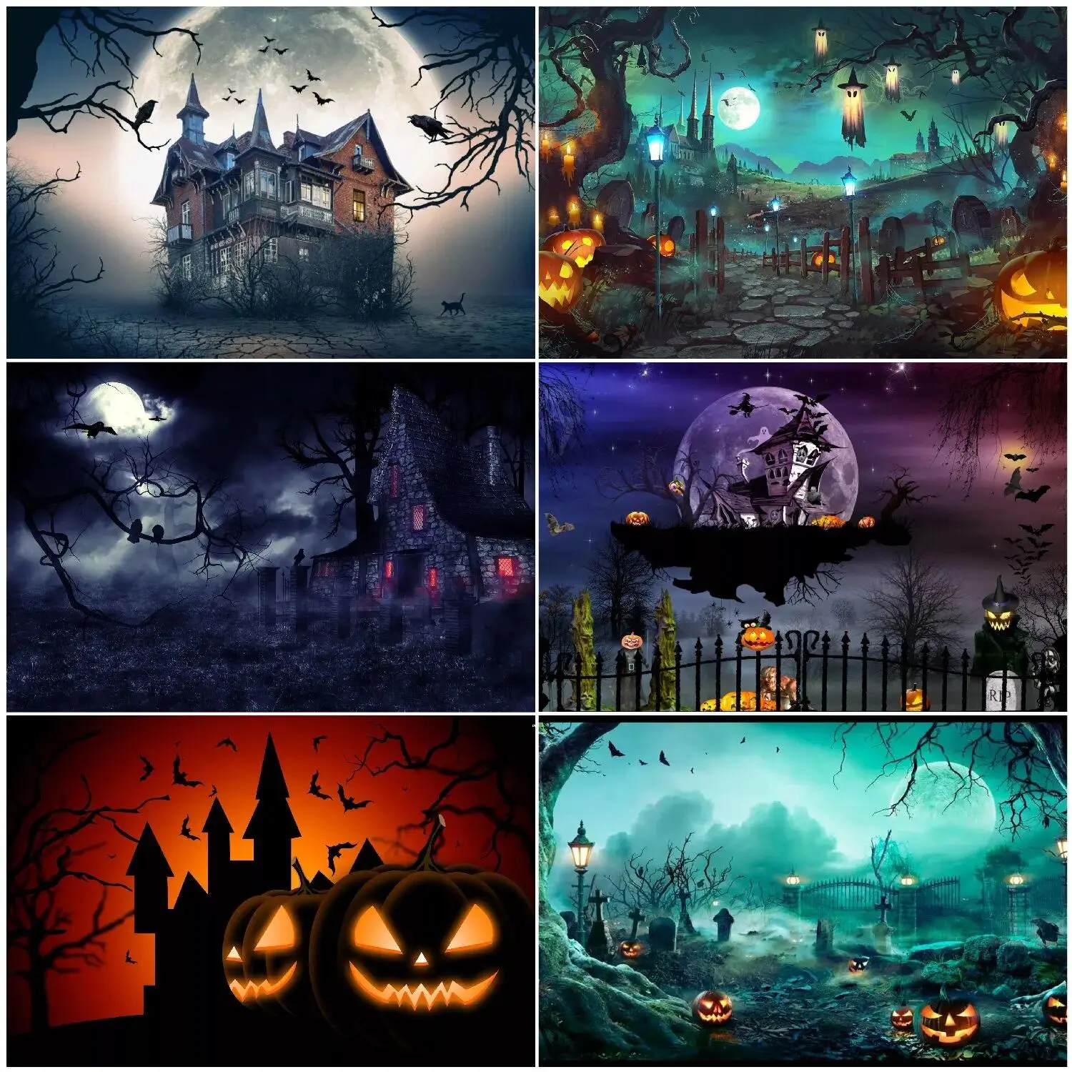 Halloween Theme Festival Party Background Decoration Horror Moon Castle Gravestone Backdrop Bat for Kid Adult Family Party Decor