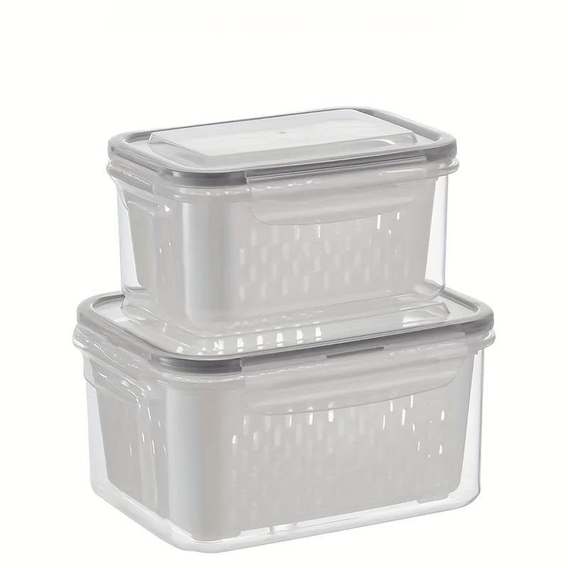 Stackable refrigerator storage container with removable drain basket. Suitable for kitchen storage containers made with BPA-free polypropylene Kitchen Drain Fresh Fruits and Vegetables Grocery Seal Moisture Resistant