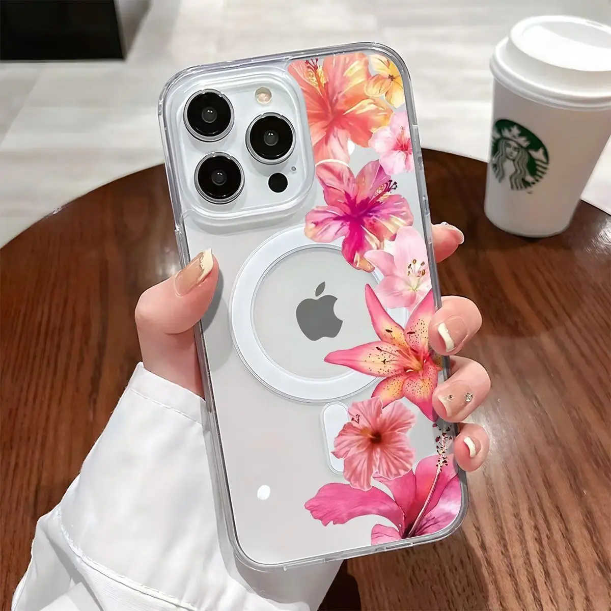 Cute Lily Flowers Pattern Clear Magnetic Case Compatible  Shockproof Girly Protective Cover for iPhone13 14 15 16 17 Pro Max