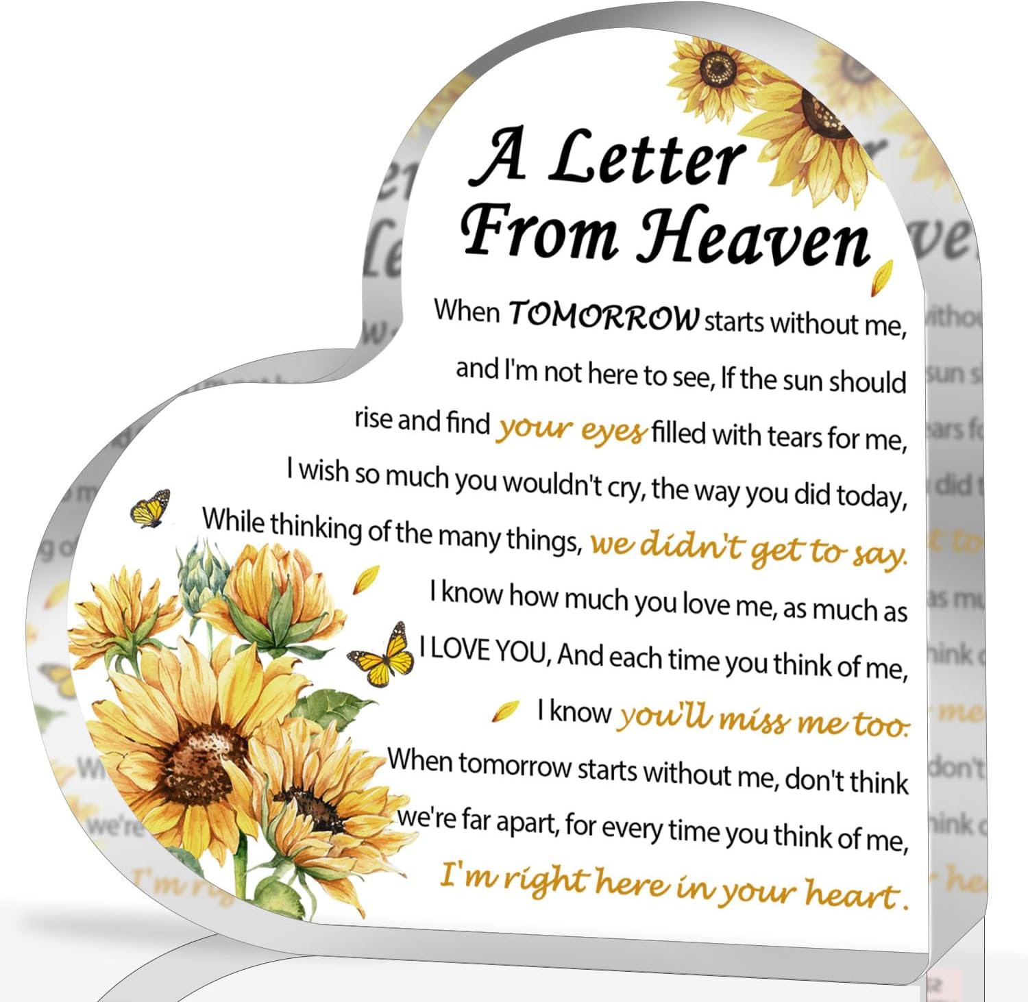 Sympathy Gift - Letters from Heaven - Memorial Gift for Loss of Mother Father Husband Son, Acrylic Heart Keepsake, Memorial Sympathy Gift, Plaque, Acrylic Plaque Decor