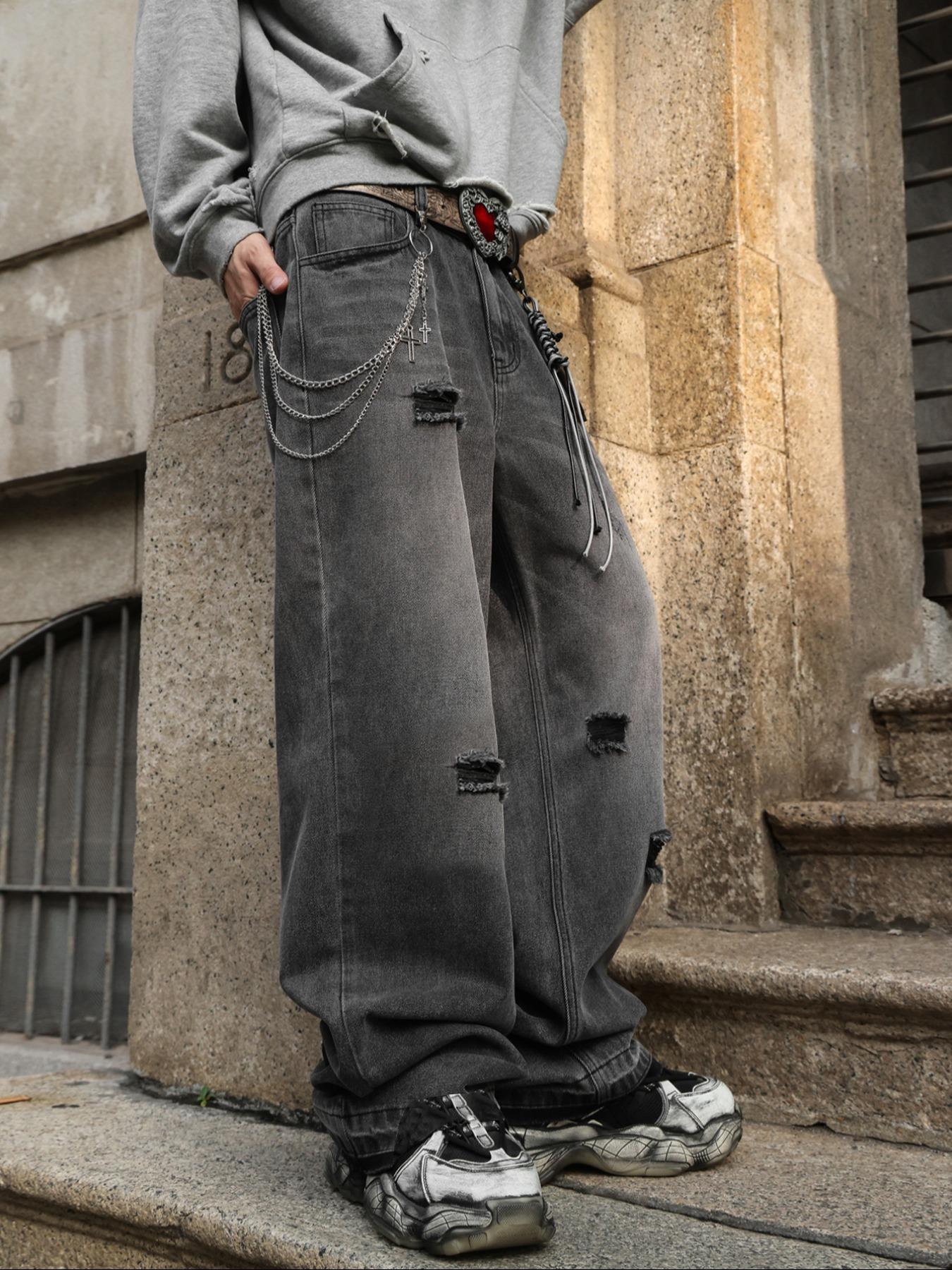 Men's Washed Loose Fit Jeans, Distressed Straight Leg Denim Jeans, Y2K Vintage Street Style, All Seasons, Perfect Gift for Boyfriend/husband, Streetwear