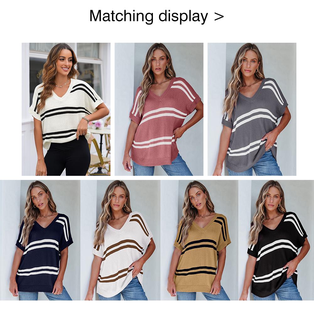 Shewin 2026 Spring/Summer Women's Oversized Knit Sweater Pullover Cozy Striped Crewneck Batwing Sleeve Stretchy Acrylic Top SpringStatements