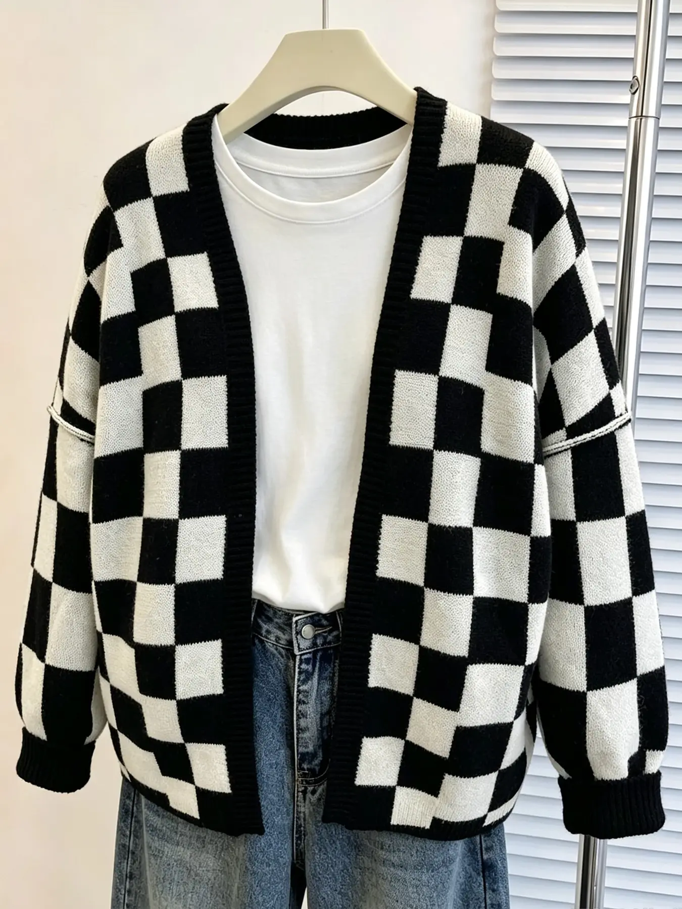 Women Black White Checkerboard V-Neck Knit Cardigan, Loose Lazy Style Plaid Lantern Sleeve Sweater Coat